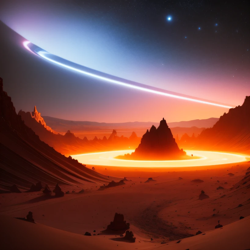 Alien base (Very detailed) In the mountainous desert,There are several exhaust fans and chimneys, Some spotlights come out of the base to illuminate dark places, (Extreme nights), Some clouds in the night sky, Some of the surrounding planets provide air to unknown planets,The farthest giant volcano is erupting