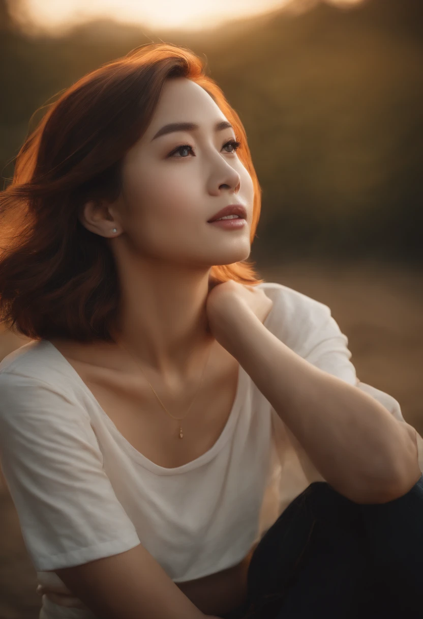 ((of the highest quality, 8K,Raw photo)), (Realistic, Photorealistic: 1.37), (Face Focus: 1.1), Small breasts, flat chest, a short bob,A Japanese Lady、25-years old、 (tshirts: 1.1), 、Skirt, Sitting, Arms up, From below, Sunlight, Movie Lighting, Beautiful girl with windblown hair in twilight sky