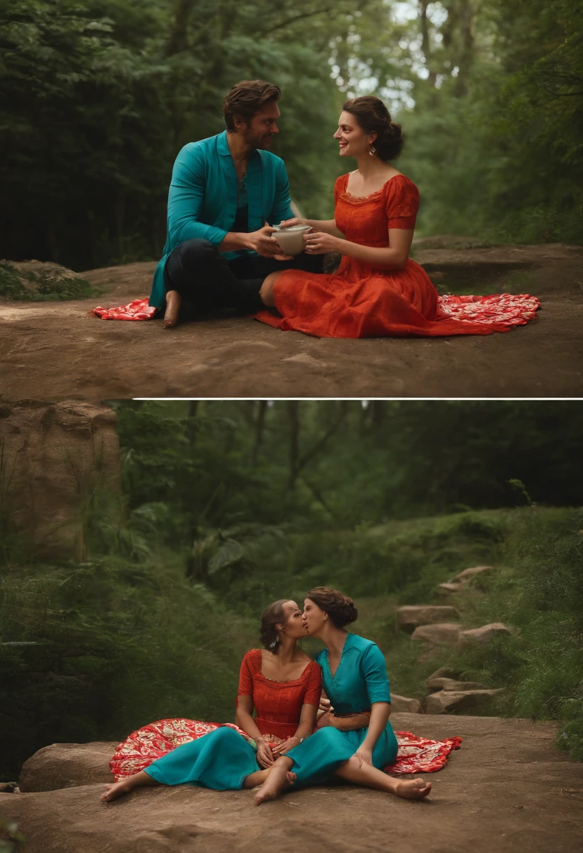 There are two people sitting on the floor talking and happy, foto ainda, Piquenique na floresta, ainda de um filme live action, ainda de um filme, ainda do filme, Cor ainda, captura de tela de um filme, Directed by: Emma Andijewska, Directed by: Dietmar Damerau, filme ainda dnd, fotos de alta qualidade, production still, cena maravilhosa, animation style