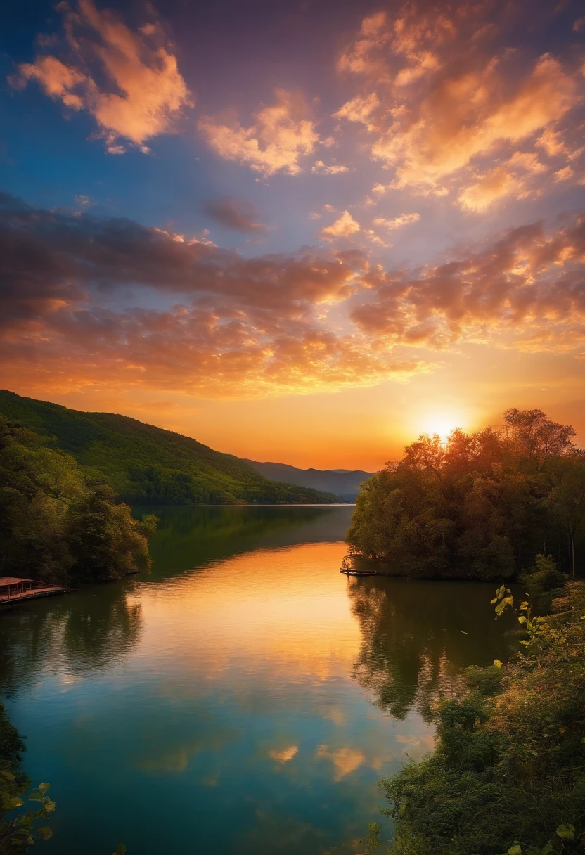 Sunset sky、lake、mont、beautifly、Moving、Fantastical、Best Quality、masutepiece、