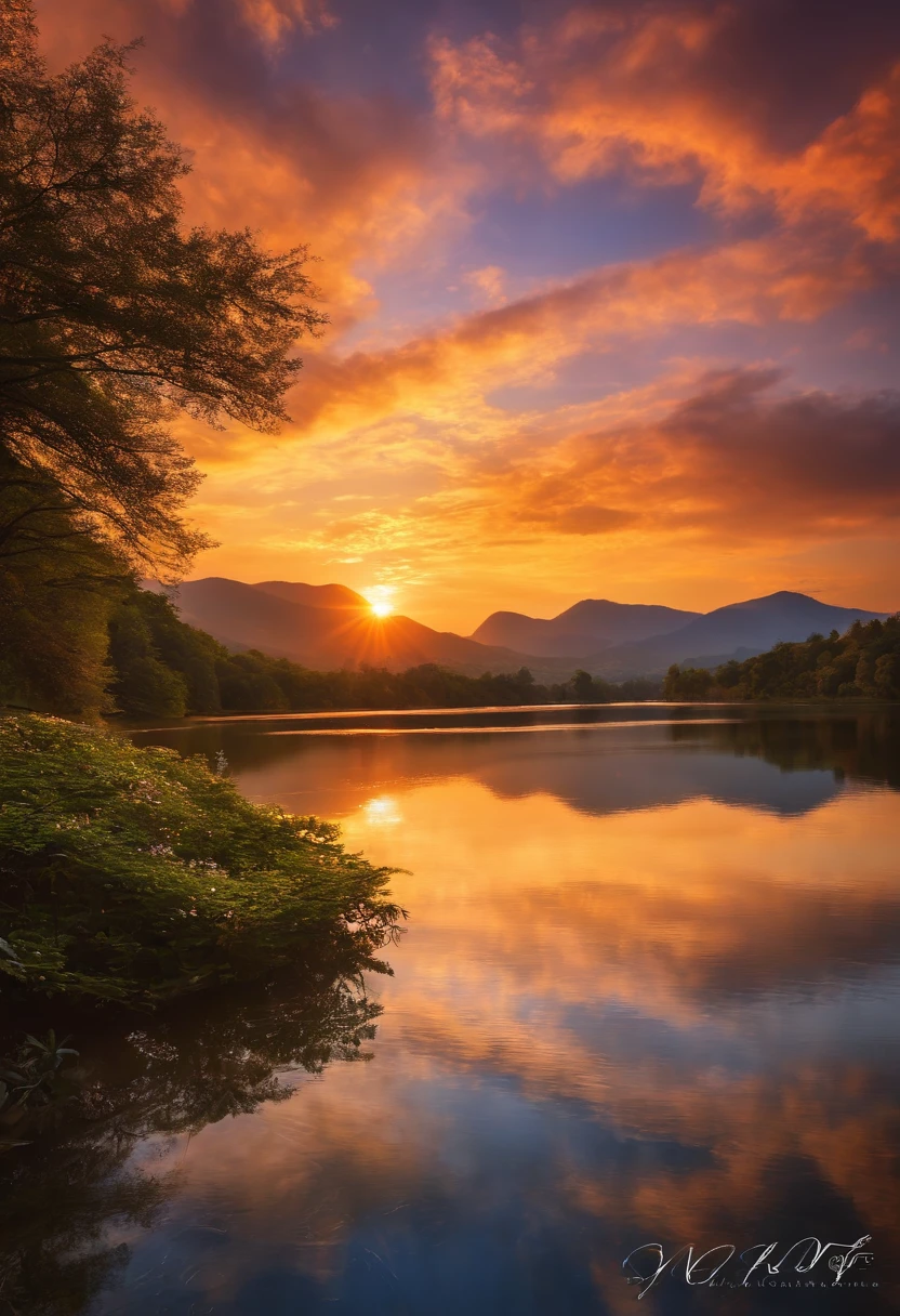 Sunset sky、lake、mont、beautifly、Moving、Fantastical、Best Quality、masutepiece、