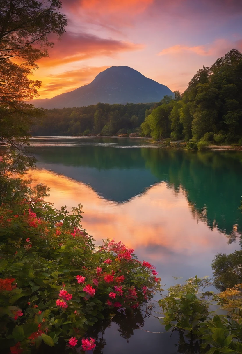 Sunset sky、lake、mont、beautifly、Moving、Fantastical、Best Quality、masutepiece、