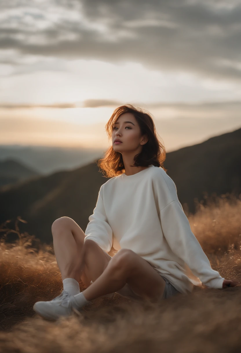 ((of the highest quality, 8K,Raw photo)), (Realistic, Photorealistic: 1.37), (Face Focus: 1.1), Small breasts, flat chest, Short hair, A Japanese Lady、25-years old、Idol、(White sweatshirt: 1.1)、Skirt, Sitting, Arms up, From below, Sunlight, Movie Lighting, Beautiful girl with windblown hair in twilight sky