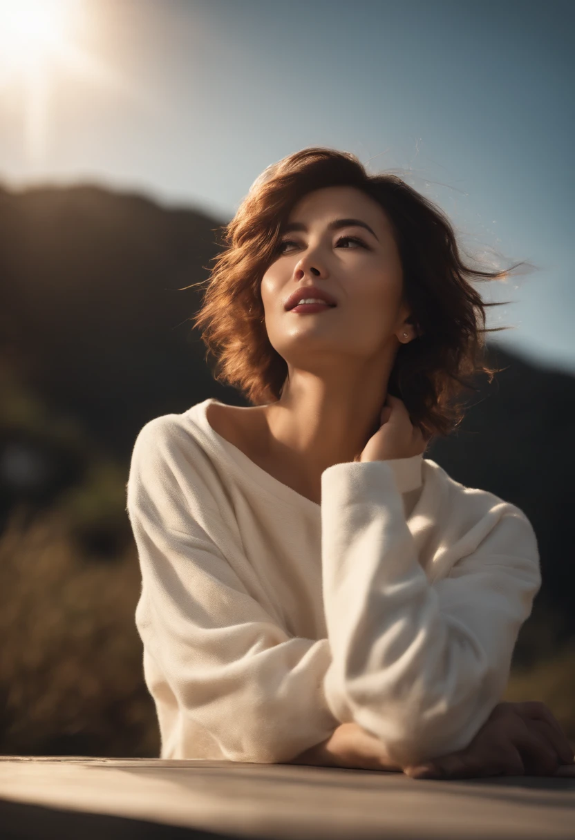 ((of the highest quality, 8K,Raw photo)), (Realistic, Photorealistic: 1.37), (Face Focus: 1.1), Small breasts, flat chest, Short hair, A Japanese Lady、25-years old、Idol、(White sweatshirt: 1.1)、Skirt, Sitting, Arms up, From below, Sunlight, Movie Lighting, Beautiful girl with windblown hair in twilight sky