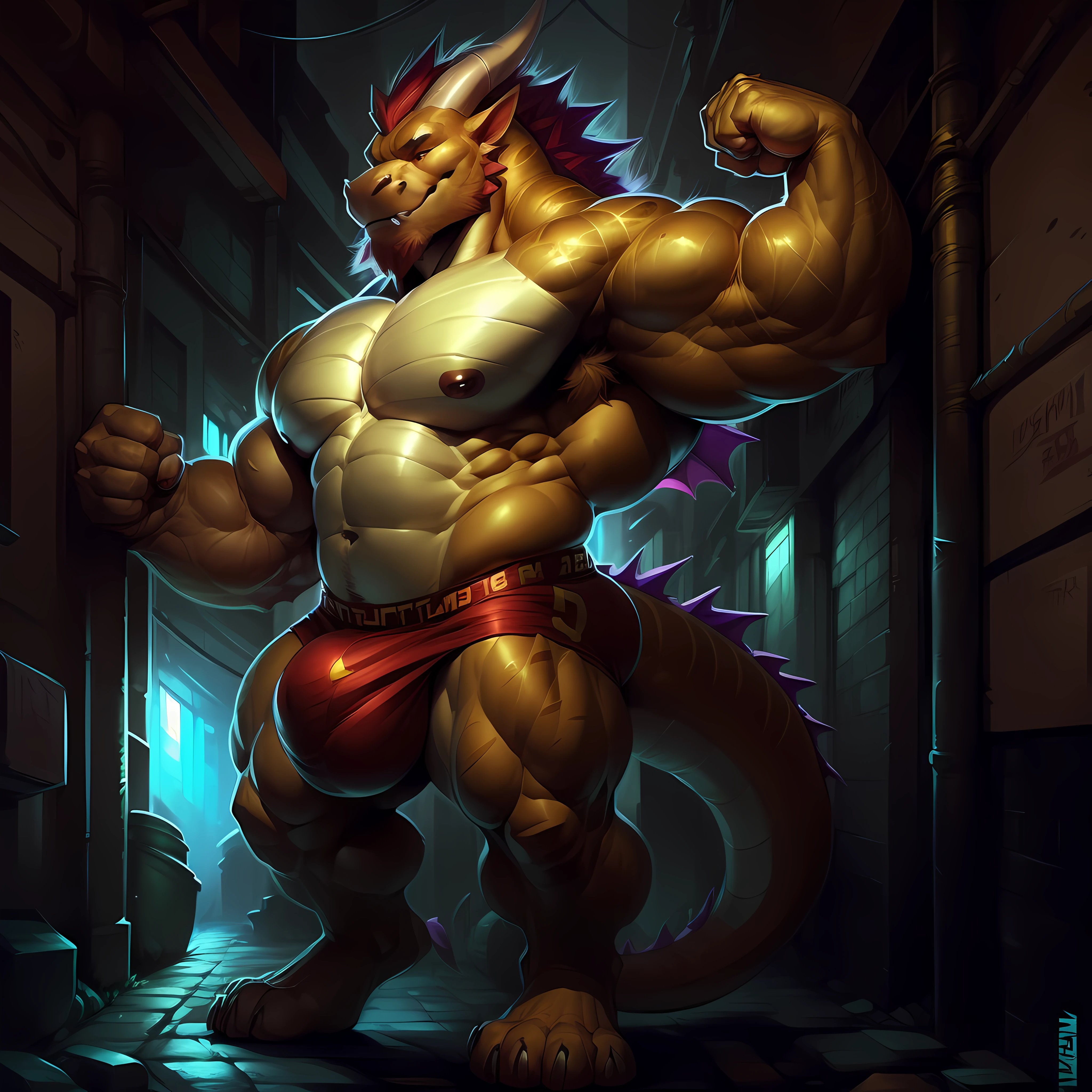 Solo, male, muscular, giant, enormous, buff, strong, Large mane hair, full body, dragon tail, massive biceps, massive pecs, flexing, Dragon, big bulge, by darkgem, by mystikfox61, by glitter trap boy, alleyway,