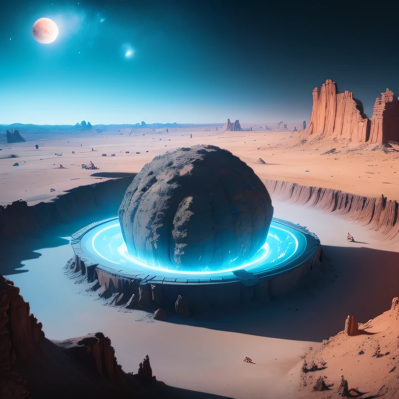 Alien base (Very detailed) In the mountainous desert,There are several exhaust fans and chimneys, Some spotlights come out of the base to illuminate dark places, (Extreme nights), Some clouds in the night sky, Some of the surrounding planets provide air to unknown planets,The farthest giant volcano is erupting