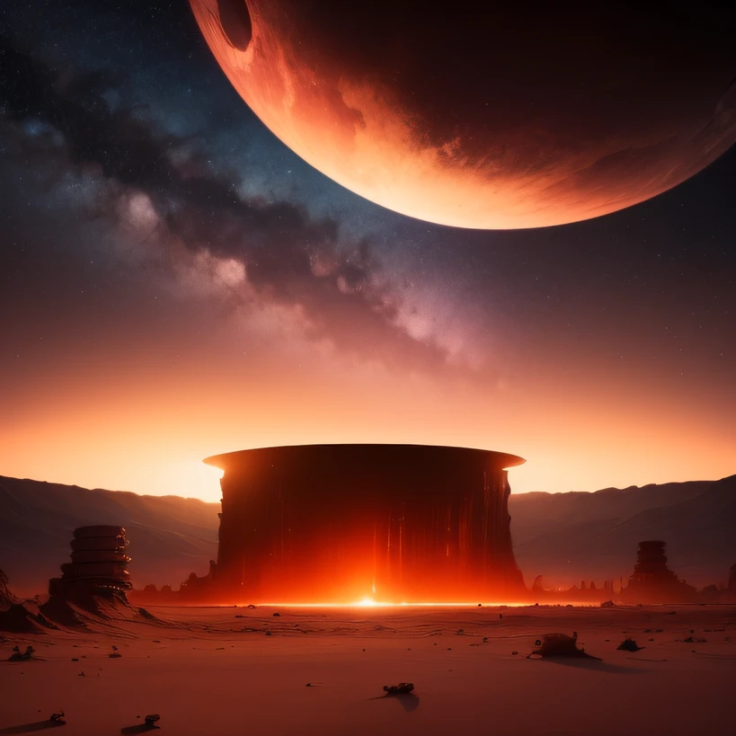 Alien base (Very detailed) In the mountainous desert,There are several exhaust fans and chimneys, Some spotlights come out of the base to illuminate dark places, (Extreme nights), Some clouds in the night sky, Some of the surrounding planets provide air to unknown planets,The farthest giant volcano is erupting