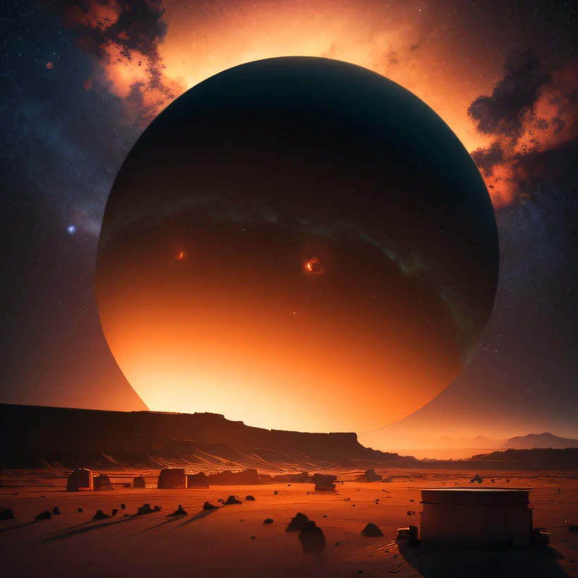 Alien base (Very detailed) In the mountainous desert,There are several exhaust fans and chimneys, Some spotlights come out of the base to illuminate dark places, (Extreme nights), Some clouds in the night sky, Some of the surrounding planets provide air to unknown planets,The farthest giant volcano is erupting