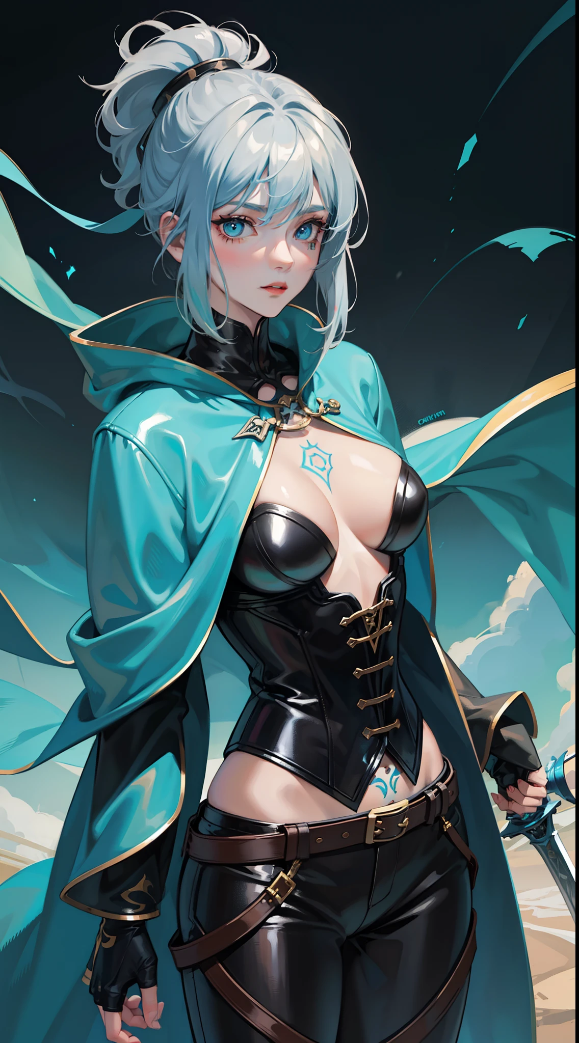 young girl, short gray hair, tomboy, Cyan eyes, Scars, Tatoo, Blue leather cloak, breeches, two swords, open breasts, Masterpiece, hiquality, 4k, HD, Good detail
