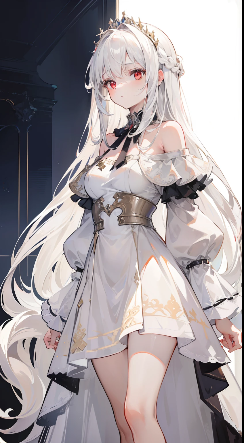 (bestquality, masterpiece), (An elegant girl , 1girl , solo, "beige and silver Dress ", off-the-shoulder, standing, looking at the audience, "White Hair",  Very Long-haired,"Plait, Long tied white hair", red eyes, closed mouth ), (white background)