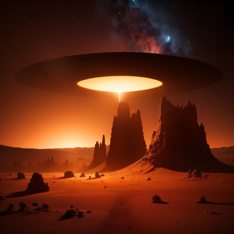 Alien base (Very detailed) In the mountainous desert,There are several exhaust fans and chimneys, Some spotlights come out of the base to illuminate dark places, (Extreme nights), Some clouds in the night sky, Some of the surrounding planets provide air to unknown planets,The farthest giant volcano is erupting