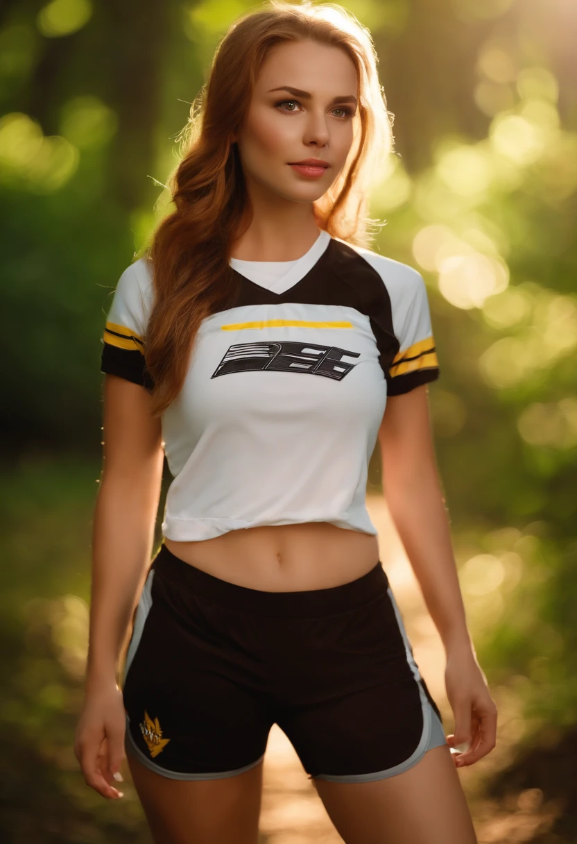 (((pee begins to seep through her shorts, facial expressions are of relief))) fair complexion, petite woman around 19 years old, long straight dark strawberry blonde hair, hazel eyes, wearing a dark brown track uniform with dark brown athletic shorts, slender, near sunset in a wooded setting, realistic shot, squatting with legs spread