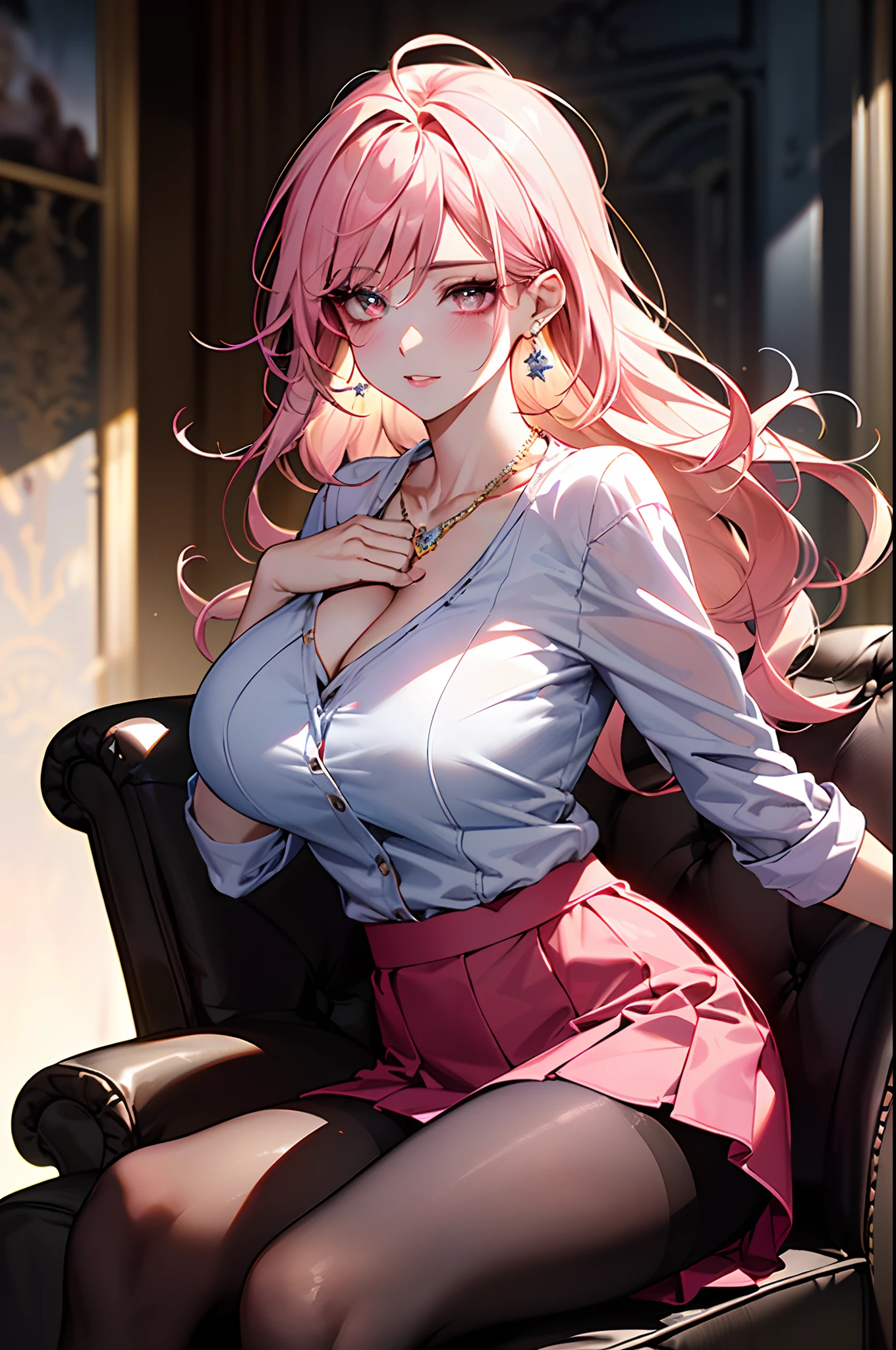 (best quailty,8K,masterpiece)(Eye 1:1,Clear eyes,Elaborate Eyes,Delicate pupils,Details of the eyes,brown eyes, good eyes),In pink suit,Face focus,Adults,best quality,Details of face,Sit in the room,sitting in the couch,细致背景,Diffused sunlight,depth of fields,Background bokeh for optimal light,Best Shadow,电影灯光,(realskin),raytrace,Unreal Engine 5,Reflective skin,Digital illustration,Game CG characters,(Body edge lighting,Colored light sources are around),There is wind blowing hair,Looking into the distance
Morning,pink hair,(best quailty,8K,masterpiece),(Sit inside the room,sitting in the couch,Capture),(A pretty maiden,having fun,cabelos preto e longos,Long messy hair,curlyhair,Huge eyes:1.3,Long eyelashes,Delicate makeup:1.4,Sexy lips,Blushlush),(Exquisite watches,Reflective necklace,Bulgari's earrings,Bulgari's ring),(Sit inside the room,sitting in the couch,Capture),(Fashionable outfits,dressed in a pink shirt),(middle breasts,Endure),(pink oily transparent pantyhose),(pink hip skirt),Light ripe,Royal sister,best light,Best Shadow,电影灯光,28 years old,1girl huge large breasts,need,(realskin,Supple skin)raytrace,Unreal Engine 5,Reflective skin,Digital illustration,Game CG characters,super model,(kpop,idol),(Body edge lighting,Colored light sources are around),There is wind blowing hair,Looking into the distance