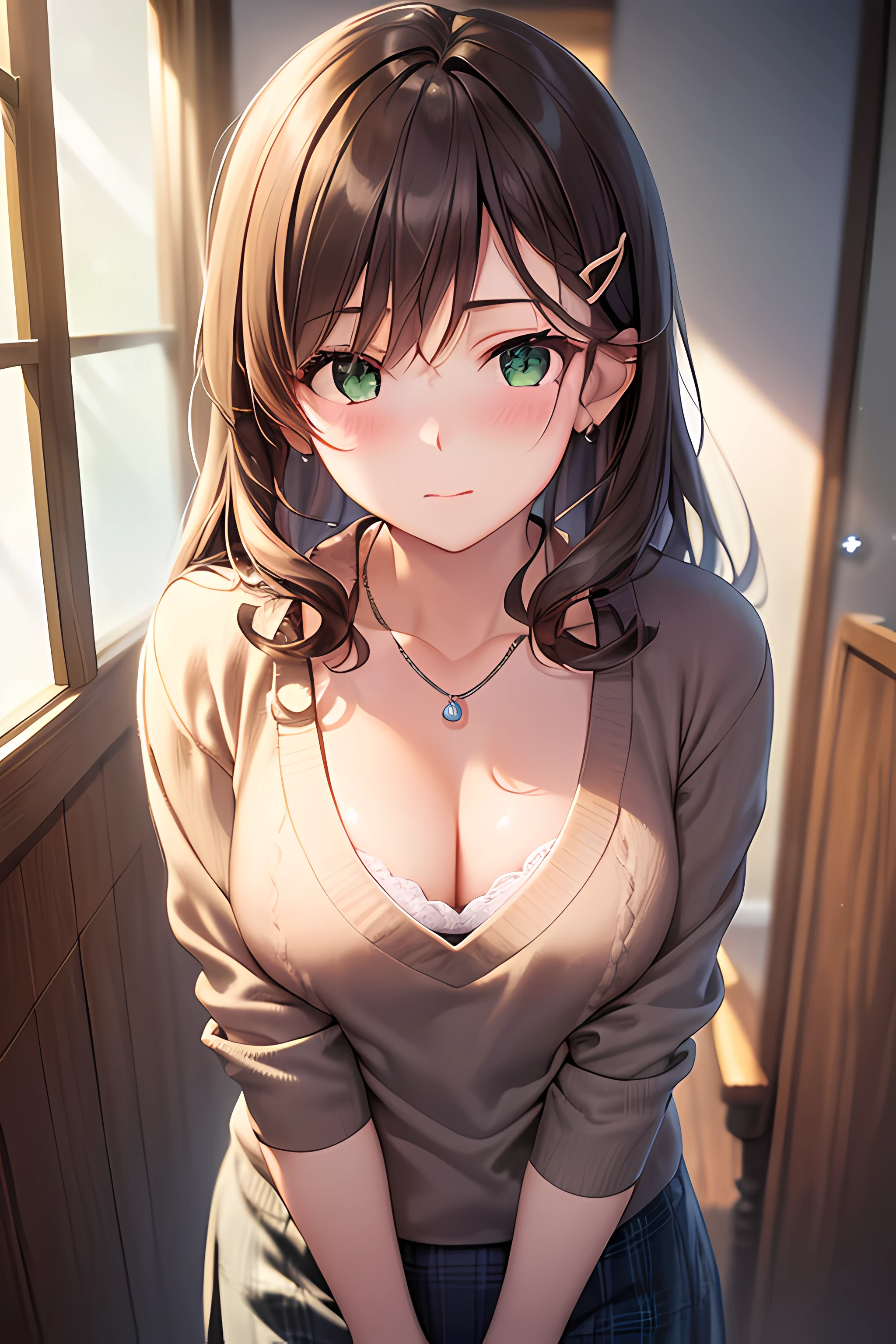 ((masterpiece, best quality, highres, UHD, perfect pixel, depth of field, 4k, RTX, HDR))), 1girl, single, solo, beautiful anime girl, beautiful artstyle, anime character, 24 years old, ((long hair, bangs, dark brown hair, curly hair:1.4, hair pin)), ((detailed face, blushing:1.2)), ((green eyes:1.8, sparkling effect)), ((smooth texture:0.75, realistic texture:0.5, anime CG style)), ((medium breasts, cleavage)), indoor, dynamic angle, busty, perfect body, ((close up, POV, cute, shot on face)), ((casual clothes, white sweater, skirt, the bra is visible from inside the sweater, sliver necklace)), natural light
