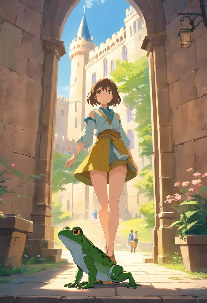 Anthropomorphic anthropomorphic frog in medieval European aristocratic clothes, intricate Griebles work, European castle behind, muscular body, muscular arms, small head, Ogro Monstruso, Titan, leather shoes, soft lighting, 32k ,Hyper-realistic ,Background details are exquisite，The scene is surreal，Create a charming graphic style
