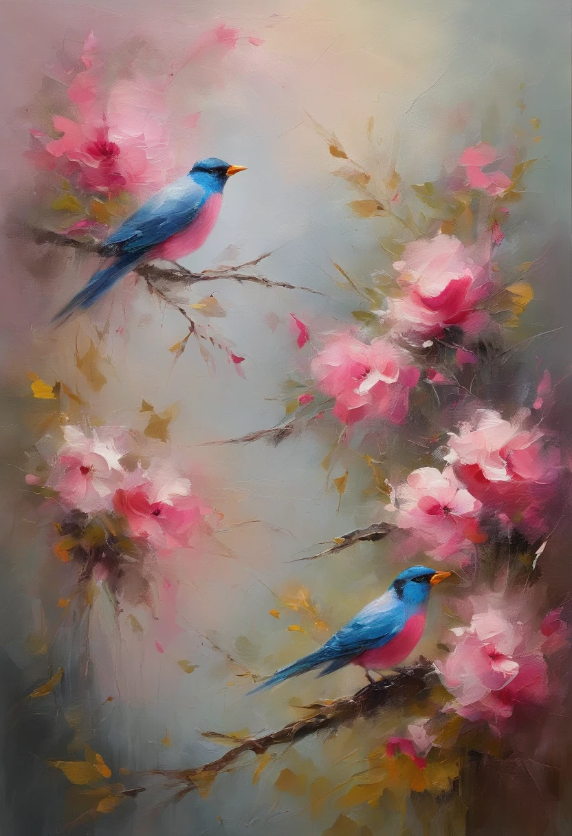 Birds stay in pink flowers，Take pollen