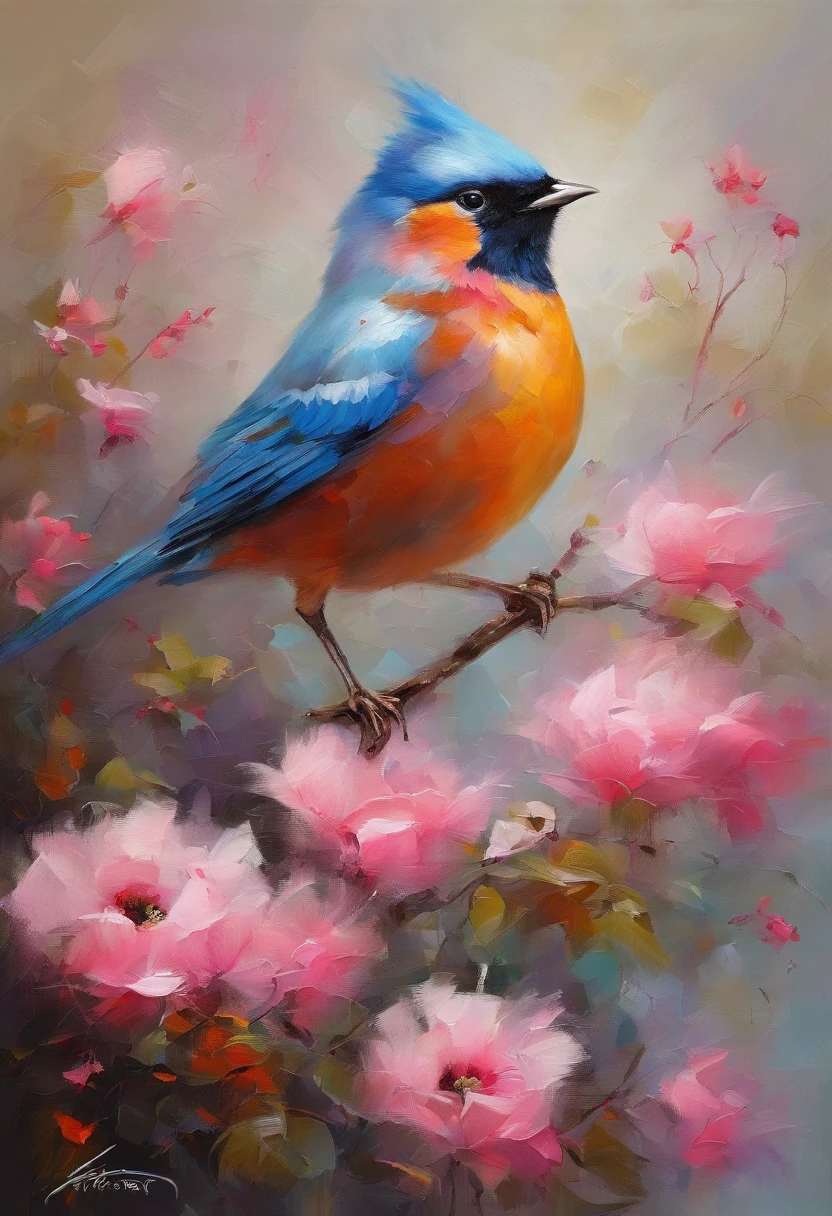 Birds stay in pink flowers,Take pollen