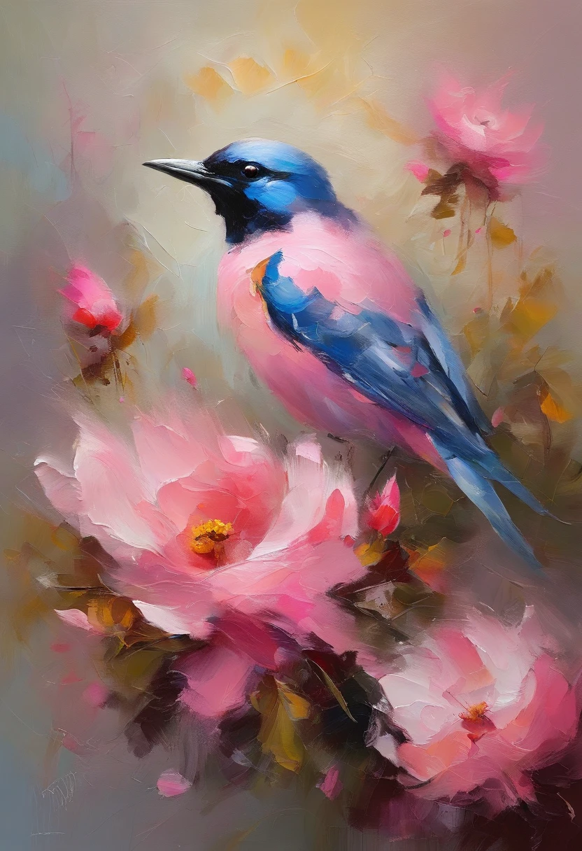 Birds stay in pink flowers,Take pollen