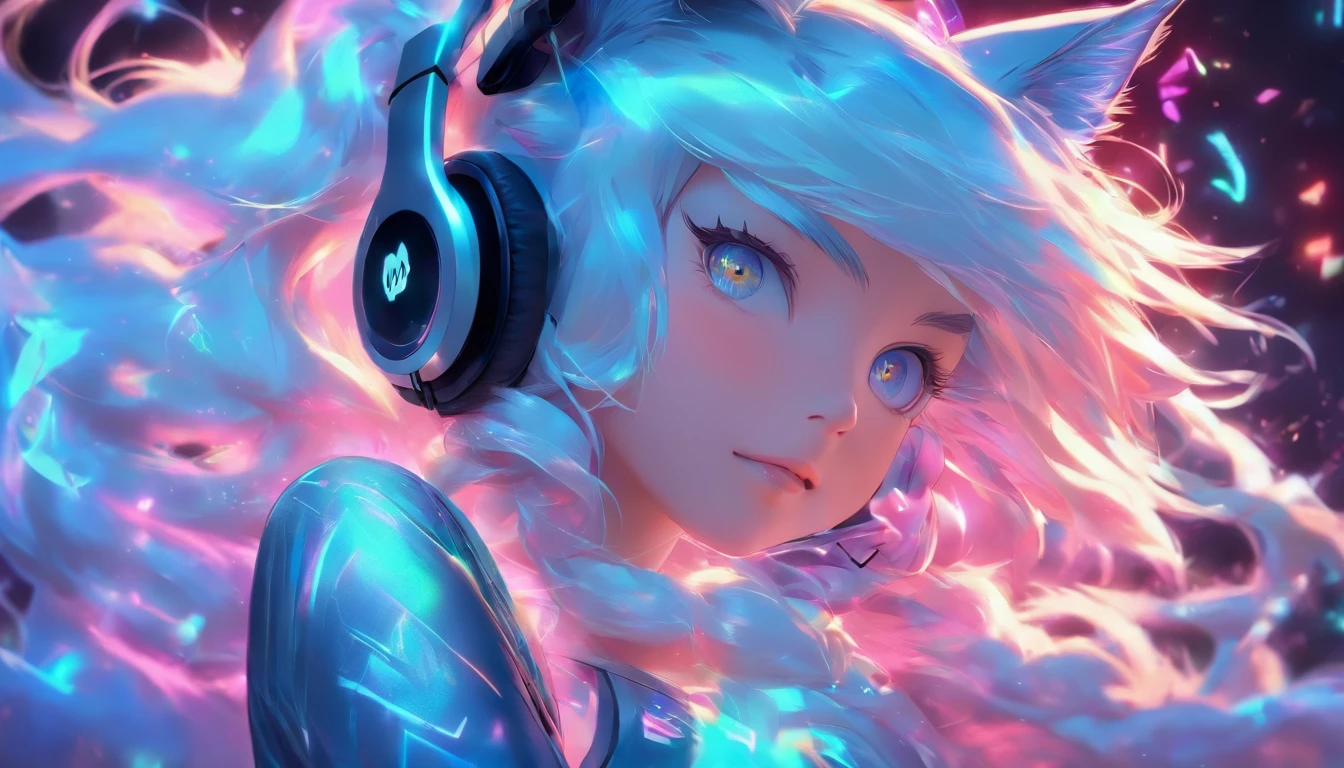Silver-colored hair,Super Long Hair,light skinned,Vocaloid style,cat ear,headphones,A sexy,Whitelita,permeance,A person fits in an image