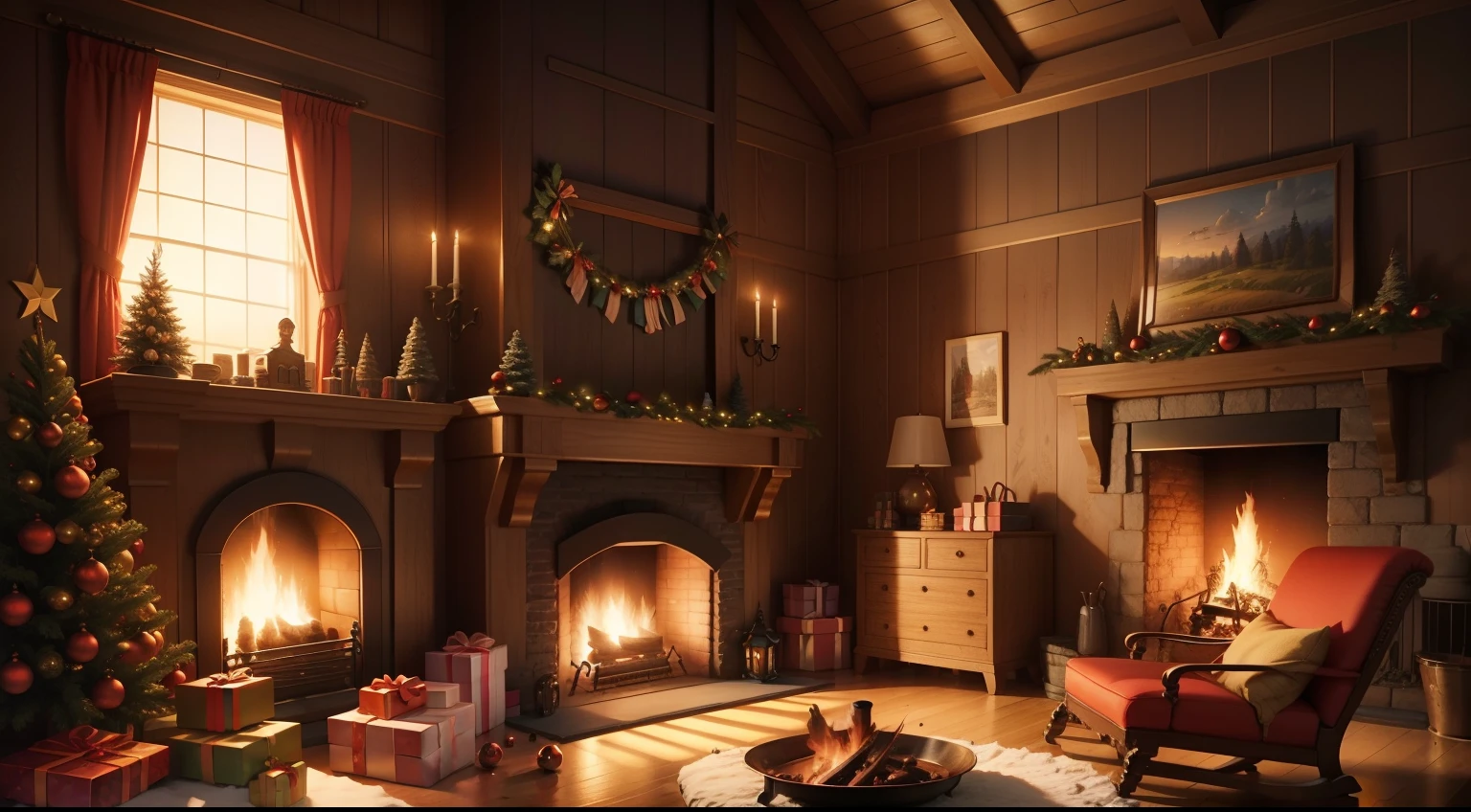 christmas mansion 3d fireplaces wallpaper, in the style of rural life depictions, colorful woodcarvings, stephen darbishire, atey ghailan, high quality photo, cute and dreamy, anatoly metlan