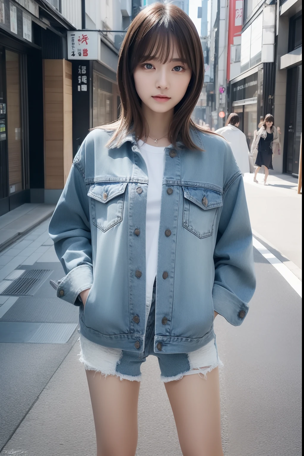 hyper realisitc, full-body, fully-clothed, beautiful woman, tokyo fashion, beautiful legs, hyper realisitic detailed eyes, kind face, very natural detailed face complexion, no denim