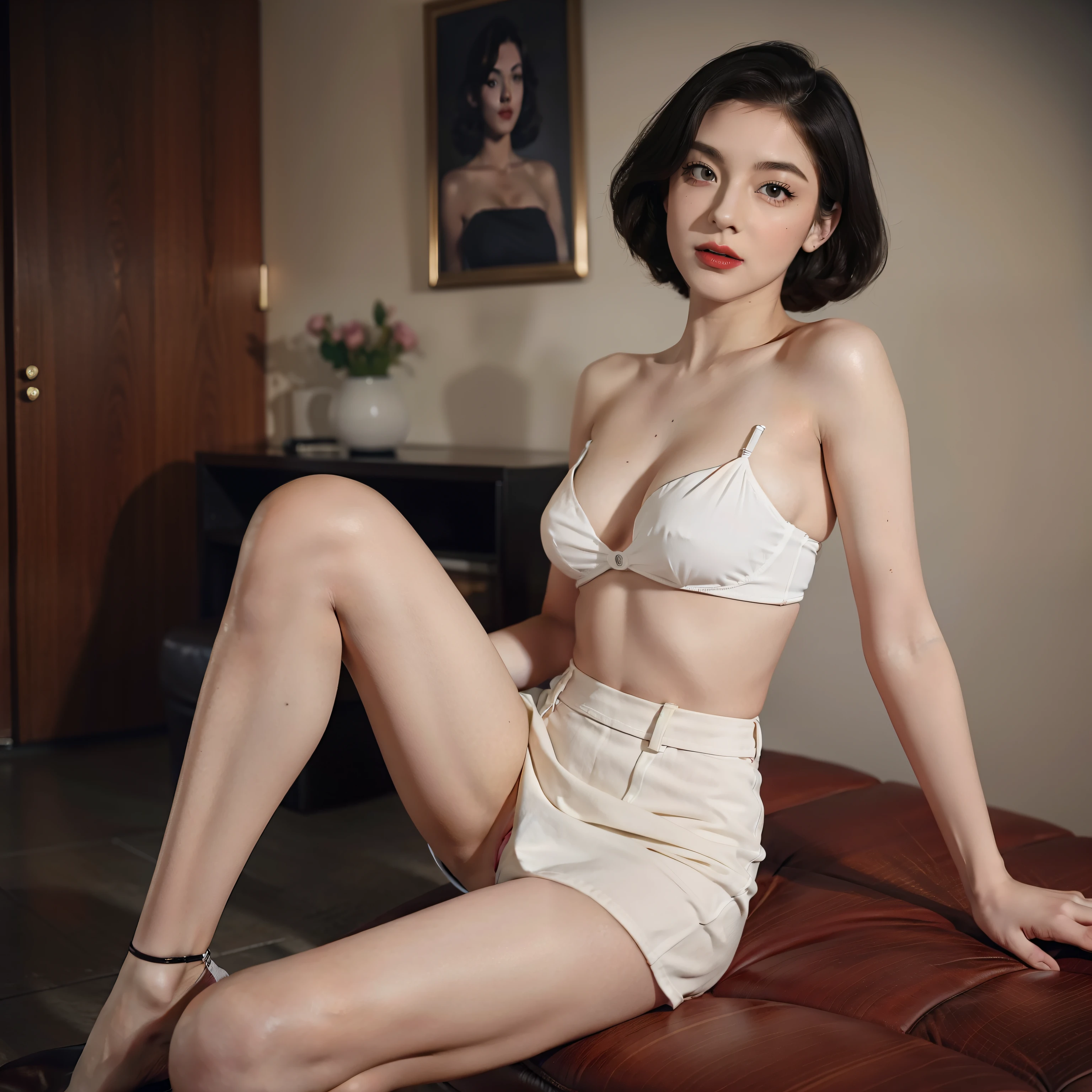 Mallory Malone's costume description is characterized by a very detailed, unique and interesting style. Naked upper body、A fitted black knee-length skirt with red accents creates a striking visual contrast. The addition of a black heel with ankle strap is、Adds a classy touch to the look. Apart from clothes, Vintage 1950s Bob Hairstyles、Adds a retro and timeless element to Mallory Malone's style. This type of hairstyle is、Known for its neat and short appearance, Typically、Jaw length with both ends turned inward. This hairstyle selection is、Add a vintage touch to the look、Complements Mallory's overall style. Makeup also plays an important role in the appearance of Mallory Malone. Although there are no specific details about makeup mentioned in the description, It is possible to imagine that she may be rocking a 1950s-inspired look.More radical poses,I see underwear,More radical poses,low angles,Underwear is visible from the skirt,Chest exposed,Posing like a man excites,Sit on a chair and spread your legs wide,Exposed white underwear,Chest exposed,Top image quality,High-definition face,fullnude, All Nude ,Happy,
