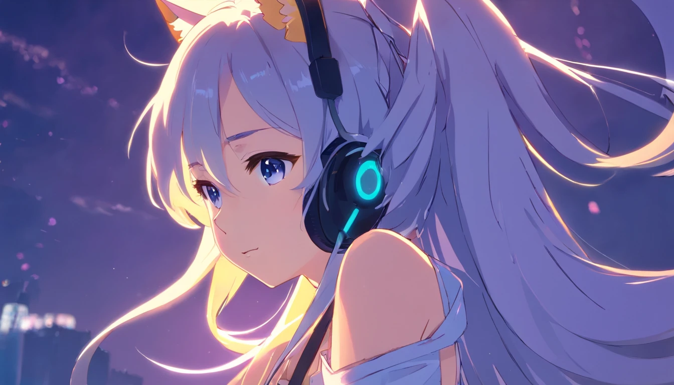 Silver-colored hair，Super Long Hair，light skinned，Vocaloid style，cat ear，headphones，A sexy，Whitelita，Solid background