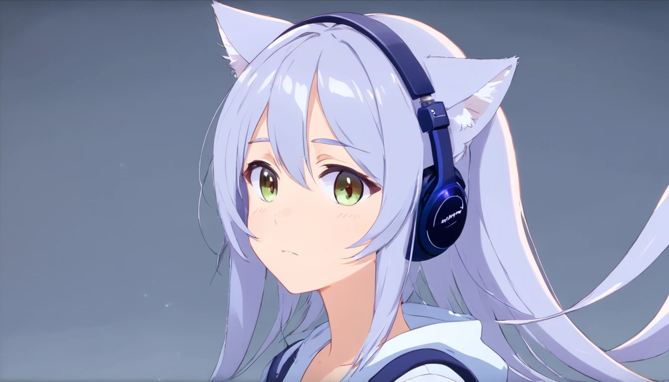 Silver-colored hair,Super Long Hair,light skinned,Vocaloid style,cat ear,headphones,A sexy,Whitelita,Solid background
