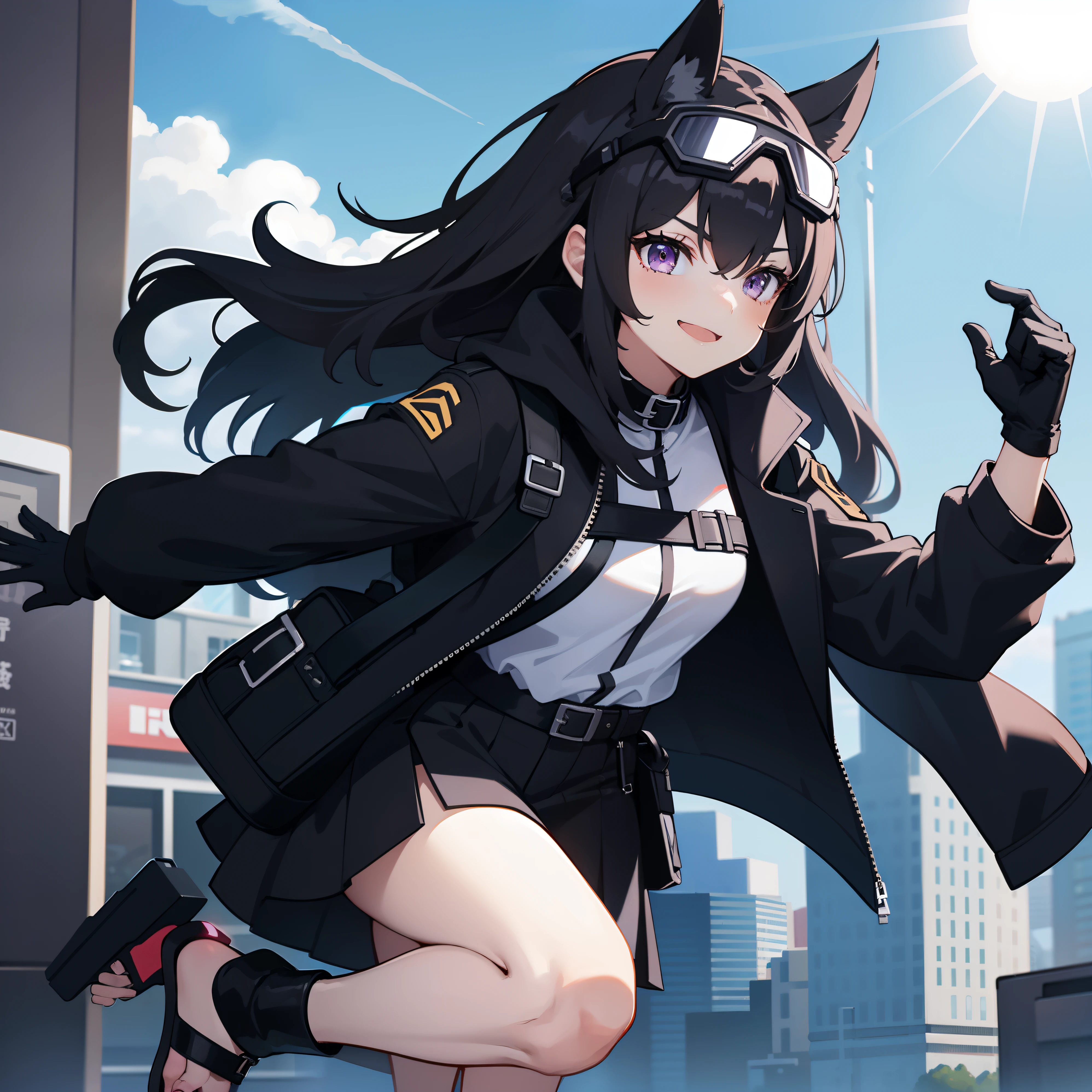 1girl, black open jacket, black tshirt, white thick skirt, waist pouches, shouler jacket, black neck collar, purple eyes, black long messy hair, long messy hair, black shoulder bag with pouches, shoulder bag, black sandals, black visor, black goggles, front goggles, black gloves, city, sunny, leaning, convenience store, waist gun, black sport gloves, outside, bright, sun, smile, open jacket, pouches