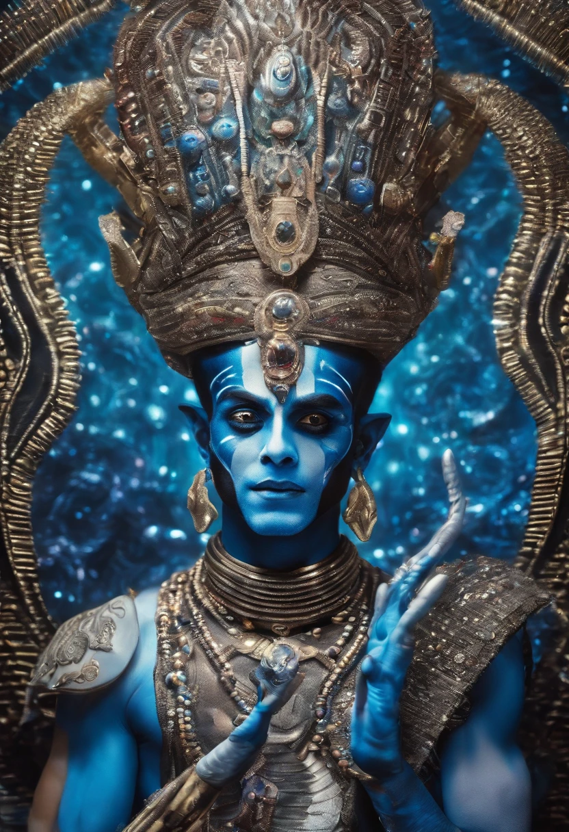 Extremely detailed and Ultra realistic portrait of very handsome Krishna , loving man , beautiful glitter eyes , blue skin tone , smiling , divine nature, holding flutes in his hands, peacock feather on head.