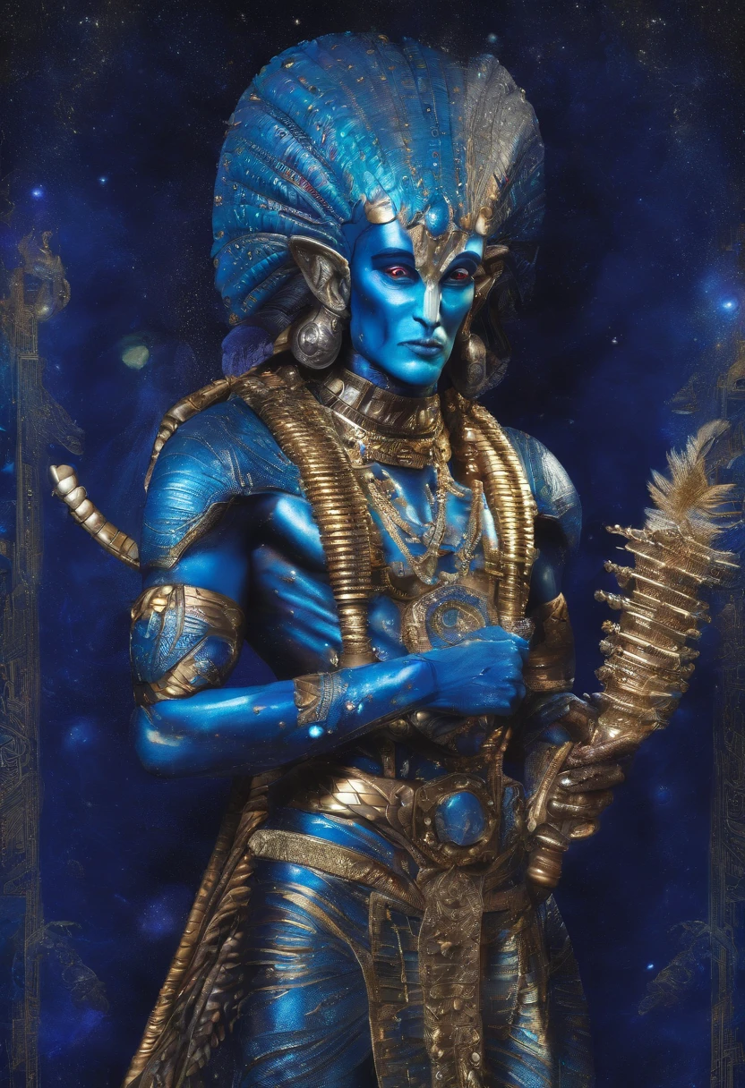 Thoth, God of Wisdom and Knowledge, should emerge from a Pop Art-inspired galaxy flanked by twinkling stars and comets. His Elongated features, Anime-esque large eyes, and Comic book-style panel outline ring will highlight his wisdom and insatiable thirst for knowledge. appeal to both a serious collector market and playful cosplay demographic. Thoth's Luminous and Bioluminescent presence, as if energetically charged, forms intricate swirls and fractal patterns around and beneath his form, engaging the viewer deeper into his divine essence.
