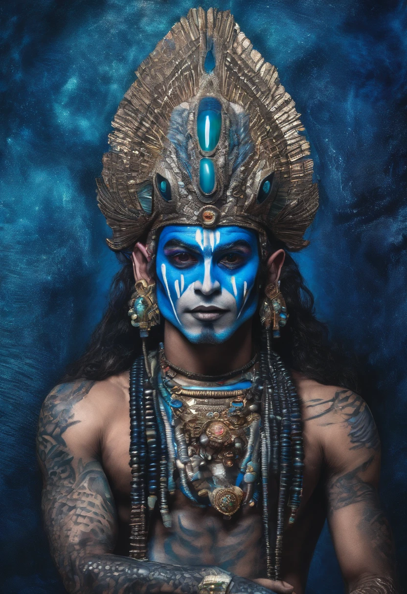 Extremely detailed and Ultra realistic portrait of very handsome Krishna , loving man , beautiful glitter eyes , blue skin tone , smiling , divine nature, holding flutes in his hands, peacock feather on head.