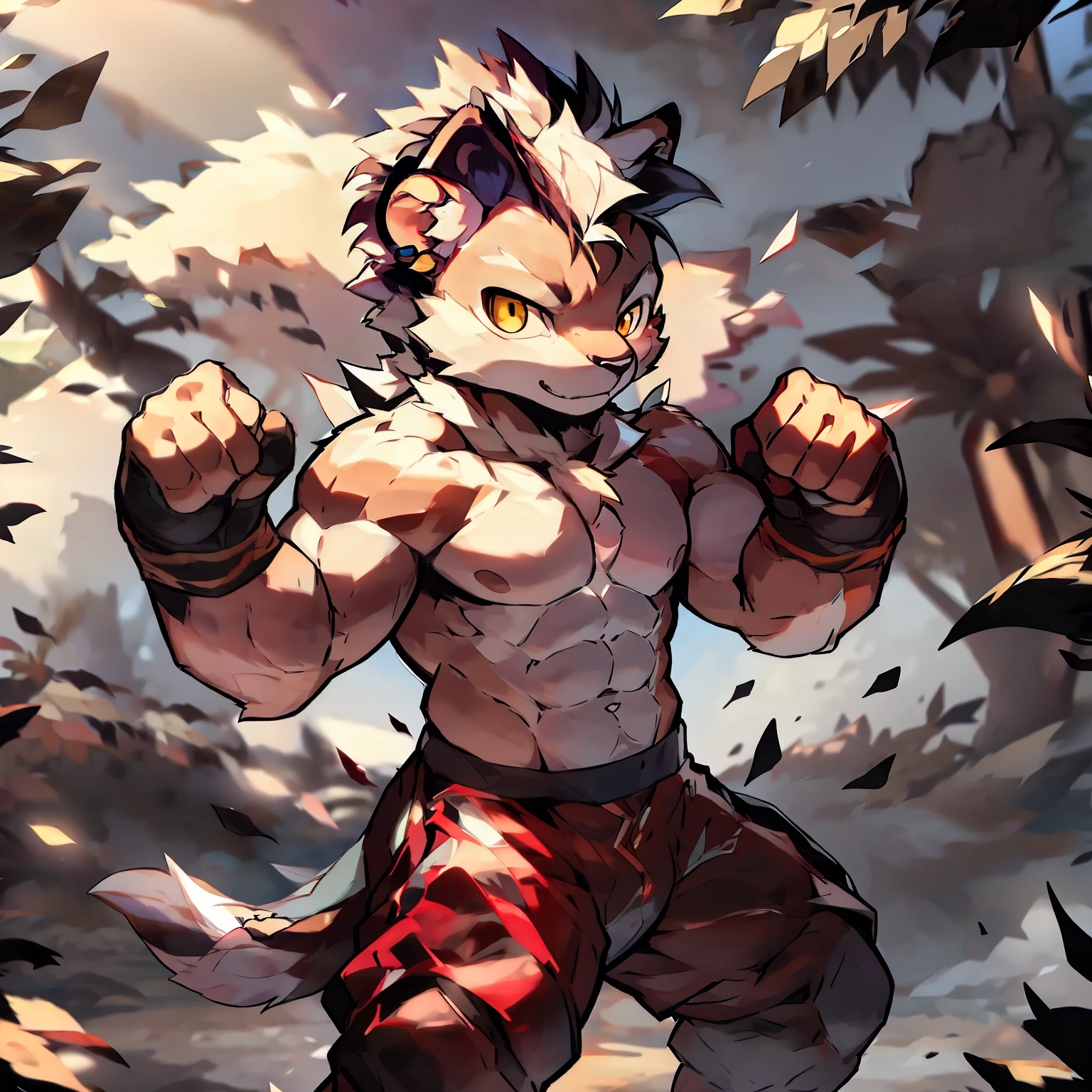 Best quality, Young, , Furry, Solo, Male Lion, Animal Ear, Yellow eyes, Humanoid hands, Muscular body, Abs, Wearing Muay Thai boxer, Topless, Standing in the street of Thailand, Mohawk hair, Rich body movements, Detailed fur, Detailed cloths, Thailand, Boxing stance.
