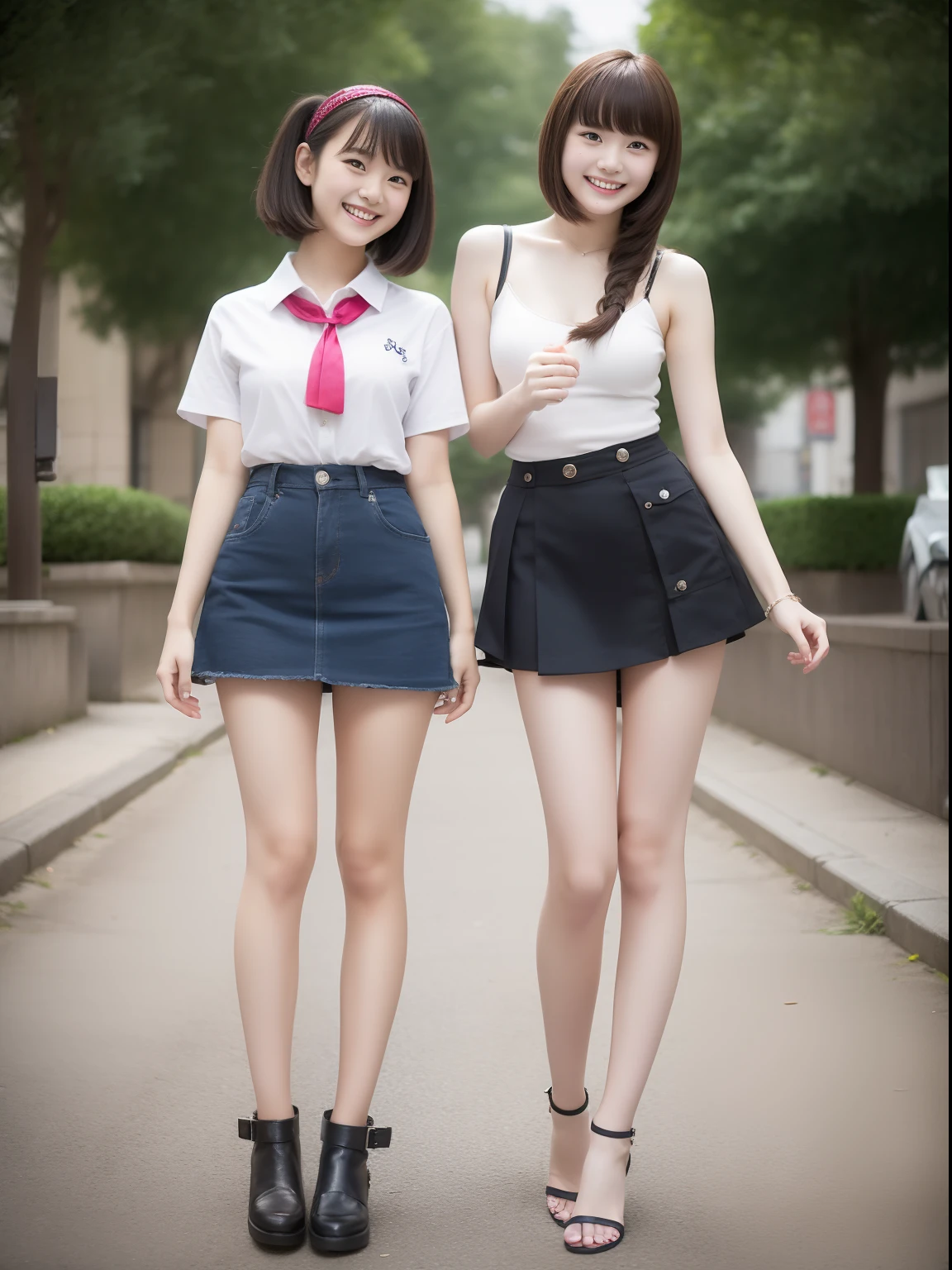Two beautiful women、18year old 、student clothes、a miniskirt、body shot、80mm、A smile、bangss、opening legs