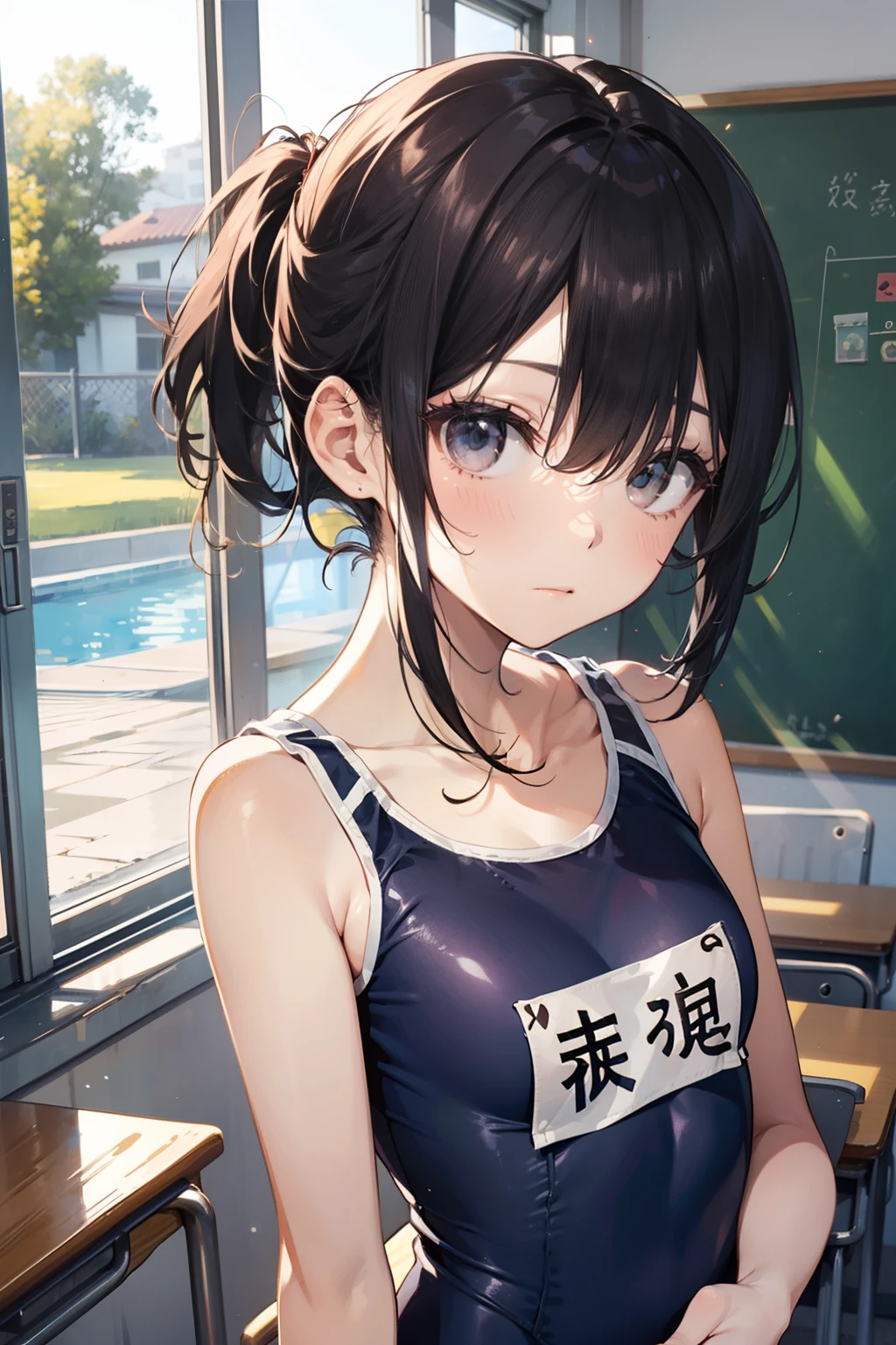 top-quality、Full limbs、complete fingers、Slender beauty、straight haired、short-hair、poneyTail、School swim wear、Small eyes、‎Classroom