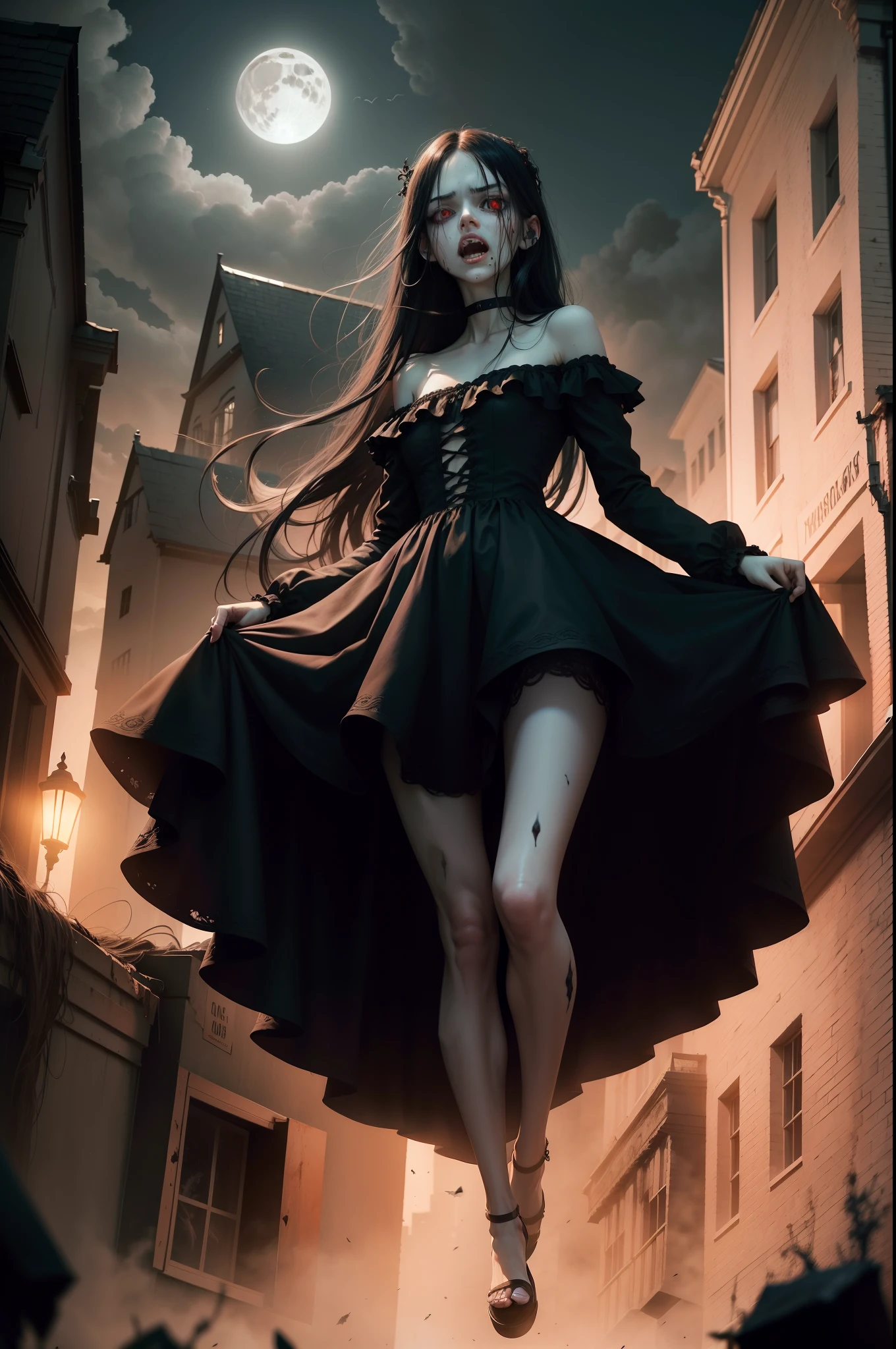 (masterpiece), A very pal, almost white, humanoid character hovering above, with red eyes, mad, screaming, her name is, horror, she is creepy, she is scary, shock value, very evil, she is skinny, evoke, fear, terror, dread, decay, disgust, dark, unusually thin, thin, scraggly, emaciated, twisted, frightening, sick, (messy_long_dark_hair), fog, evil eyes, eyes glowing, (she is wearing a black_dress), fall weather, cold, night time, she is in the air, floating, covered in blood, floating above a small town, she is in the air, up in the sky, full moon, yelling, 1600s