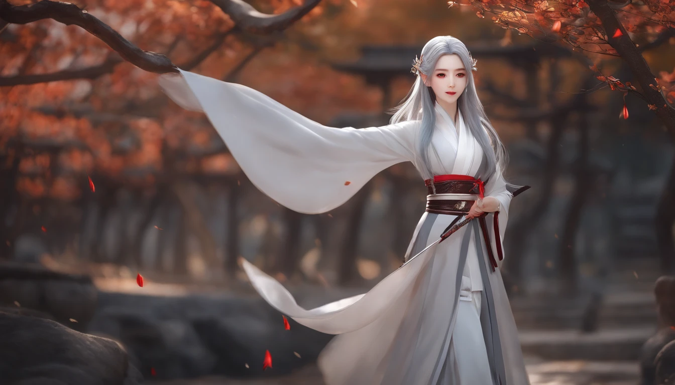 masterpiece, best quality, 1girl, solo, long hair, looking at viewer, smile, bangs, hair ornament, red eyes, long sleeves, dress, standing, collarbone, white hair, grey hair, alternate costume, wide sleeves, tree, chinese clothes, hairpin, hanfu, ningguang (genshin impact), Ningguang,
