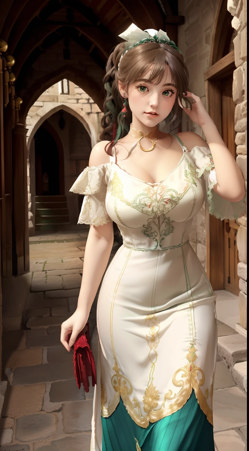 Left and right symmetrical eyes,Eyes are balanced left and right,((Transparent emerald green gothic type long dress(Gold and red three-dimensional embroidery,White decoration))),​masterpiece, top-quality, 超A high resolution,8K,32K,1girl in,Girl walking in stone corridor in medieval Europe, (Photorealsitic:1.5), natural soft light, beautiful countenance,Gentle face, 年轻, Detailed eyes and lips, Detailed skin and fabric texture,((curlyhair, cabelos preto e longos,High Up Ponytail,Cute big white ribbon on ponytail)), (((Tube Top,off shoulders,v neck,Emerald Green Silk Fluffy Long Dress、White decoration))),adolable, striated hair,kindly smile, red necklace,a choker, is standing, , japanaese girl, (((Inside a castle in medieval Europe、((Emerald green fluffy long dress)),(Colossal tits:1.3,cleavage of the breast,Sensual body lines,Gothic loli)),Poses in motion(Walk gracefully),dynamicposes,dynamic ungle,Background with(stone pavement、Stone corridor,Inside a castle in medieval Europe,Rococo style,gothic styles,Brick building)