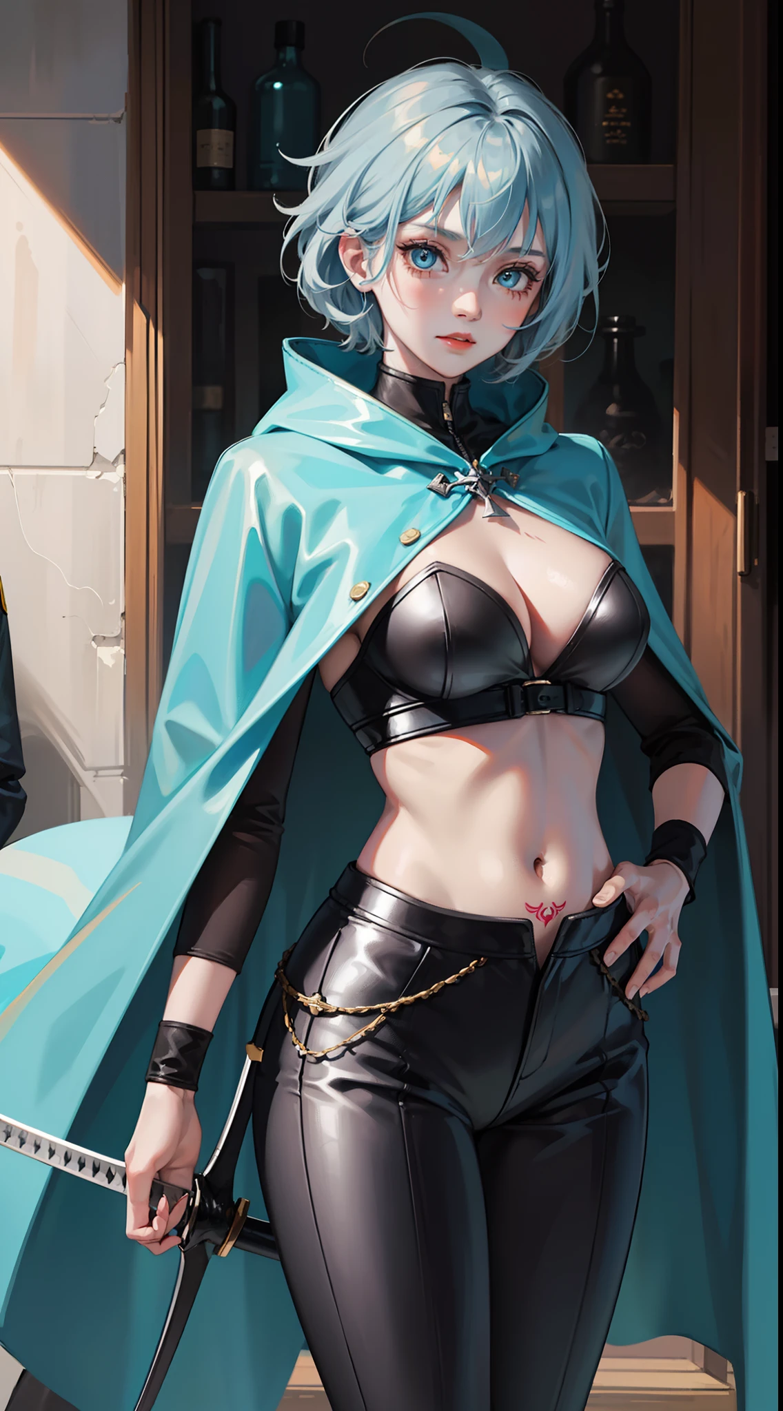 young girl, short gray hair, tomboy, Cyan eyes, Scars, Tatoo, Blue leather cloak, breeches, two swords, open breasts, Masterpiece, hiquality, 4k, HD, Good detail