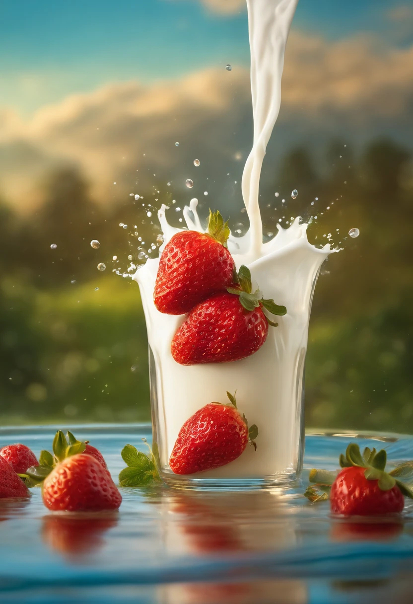 (Magical Photo:1.3) of (Realistic:1.3),(Energetic:1.3) product photography of a strawberries falling into a glass of milk, splash, intricate, epic,(by Artist RHADS:1.3),Highly Detailed,(Provia:1.3)