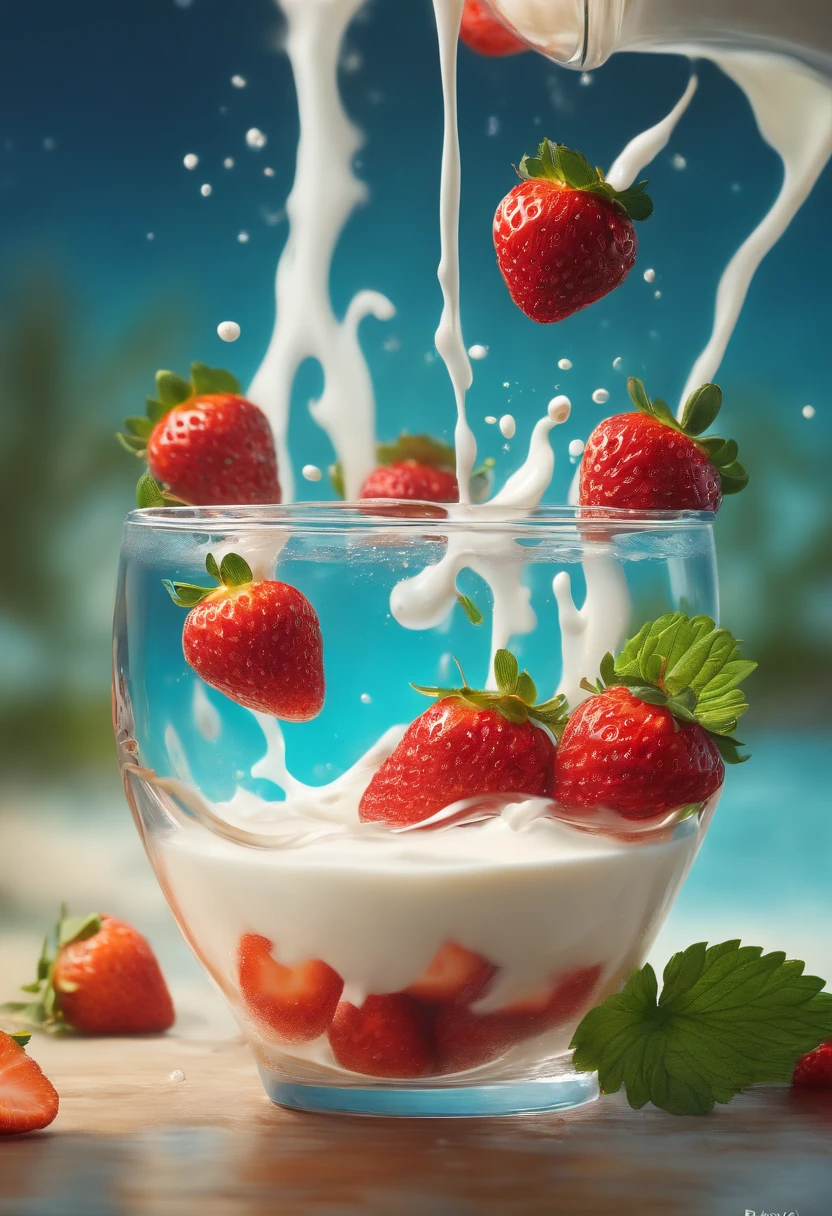 (Magical Photo:1.3) of (Realistic:1.3),(Energetic:1.3) product photography of a strawberries falling into a glass of milk, splash, intricate, epic,(by Artist RHADS:1.3),Highly Detailed,(Provia:1.3)