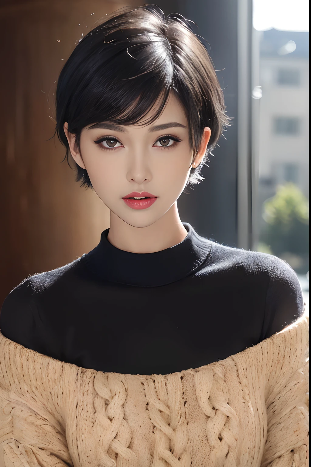 (masterpiece:1.3), (8k, photorealistic, RAW photo, best quality: 1.4), (1girl), beautiful face, (realistic face), (black hair, short hair:1.3), beautiful hairstyle, realistic eyes, beautiful detailed eyes, (realistic skin), beautiful skin, (sweater), absurdres, attractive, ultra high res, ultra realistic, highly detailed, golden ratio