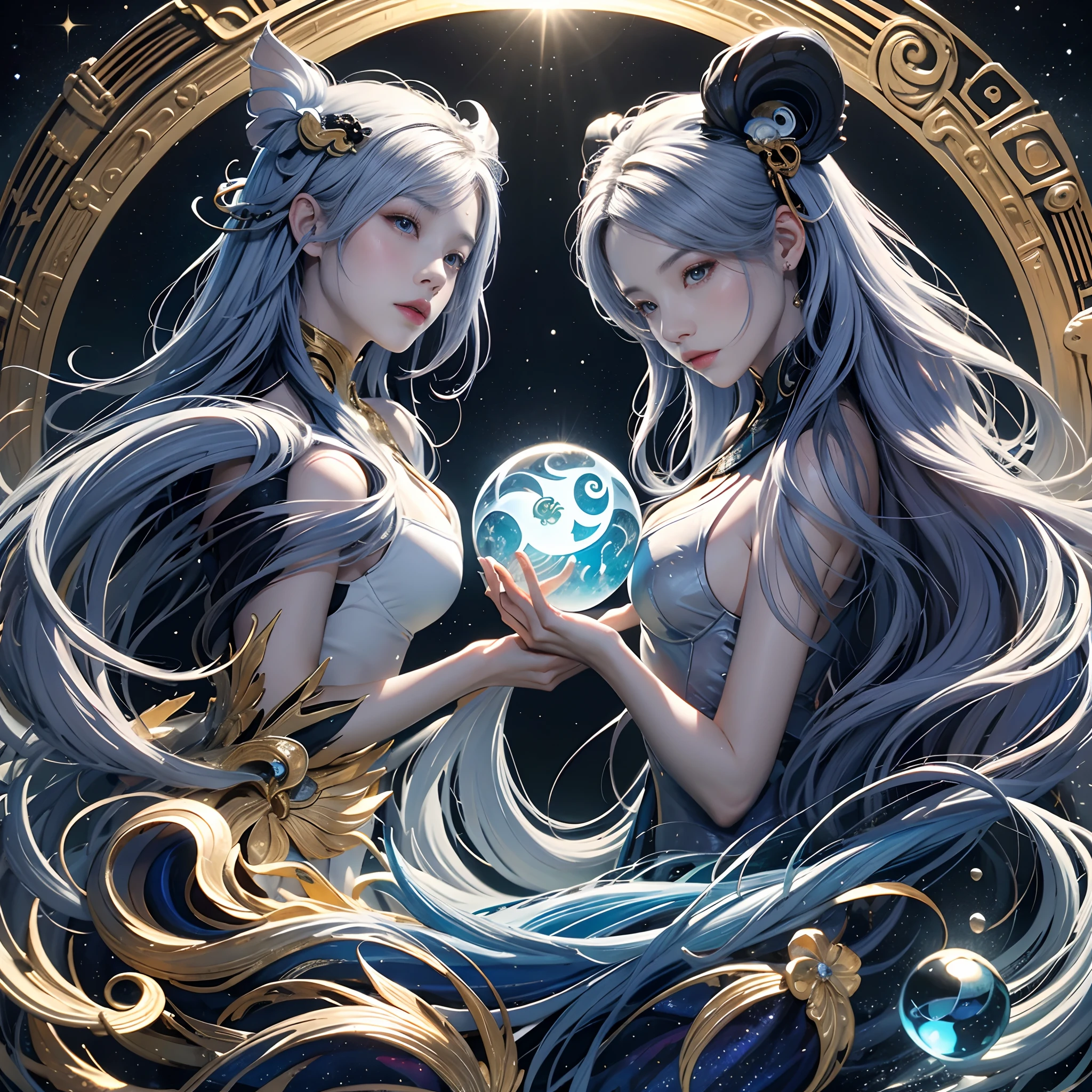 AI-generated painting at Sea Art、It depicts a fascinating image of yin and yang, (Max Quality, Exquisite design, The best lighting, Better shading). Statues of two mermaids in the shape of yin and yang. Inside the crystal ball, Under the moon and sun, Bring to life the harmony and interconnectedness of opposing forces and duality. Detailed, Realistic details, Convoluted, Carved in purple and yellow marble, Shining in the moonlight and sunshine, The perfect balance between light and dark, Mysterious and calm. Inside the crystal ball, Two halves: black woman, Represent Yin, And another white one, Symbolizing Yang. These details are、It symbolizes the mutual presence of opposing elements in each aspect. Although yin contains a small dot of yang, Yang also contains small dots of yin, Creating a dynamic and harmonious balance. AI-generated painting at Sea Art、It conveys a profound message about the duality of the universe.