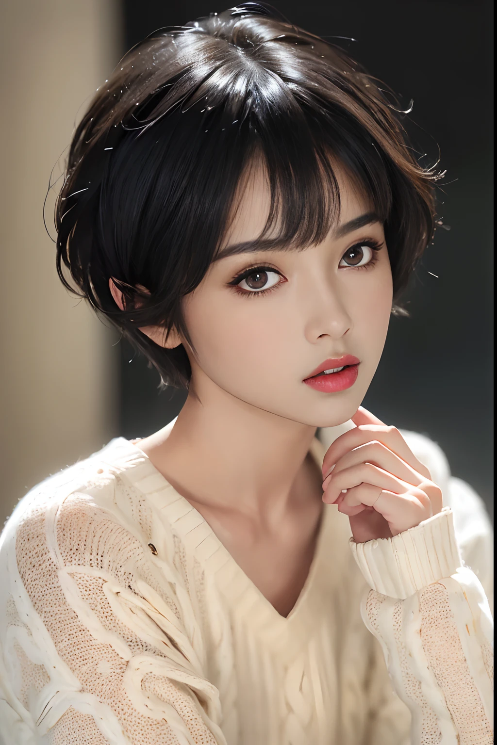 (masterpiece:1.3), (8k, photorealistic, RAW photo, best quality: 1.4), (1girl), beautiful face, (realistic face), (black hair, short hair:1.3), beautiful hairstyle, realistic eyes, beautiful detailed eyes, (realistic skin), beautiful skin, (sweater), absurdres, attractive, ultra high res, ultra realistic, highly detailed, golden ratio