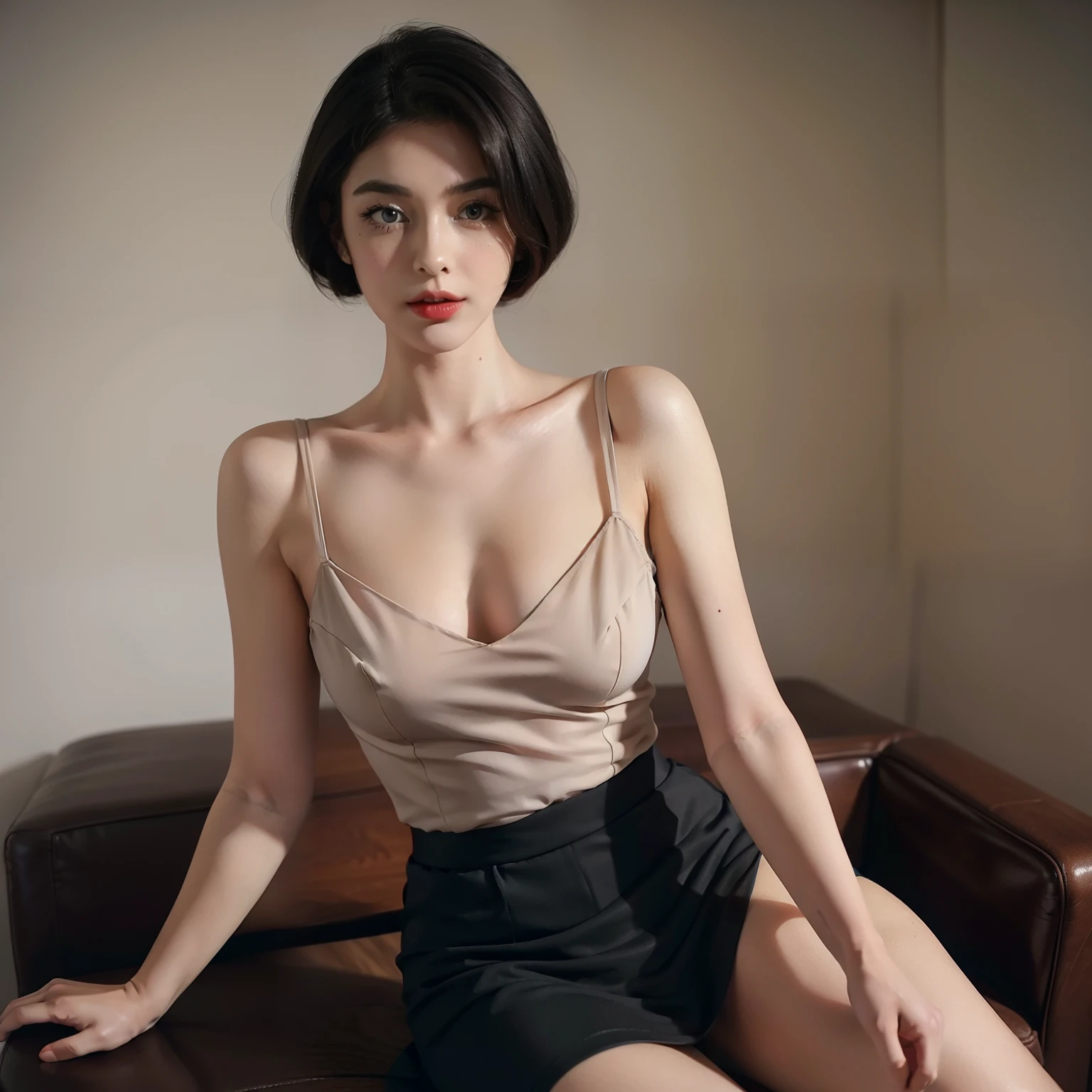 Mallory Malone's costume description is very detailed, Unique and interesting style. Naked upper body、A fitted black knee-length skirt with red accents creates a striking visual contrast. The addition of a black heel with ankle strap is、Adds a classy touch to the look. Apart from clothes, Vintage 1950s Bob Hairstyles、Adds a retro and timeless element to Mallory Malone's style. This type of hairstyle is、Known for its neat and short appearance, Typically、Jaw length with both ends turned inward. This hairstyle selection is、Add a vintage touch to the look、Complements Mallory's overall style. Makeup also plays an important role in the appearance of Mallory Malone. Although there are no specific details about makeup mentioned in the description, It is possible to imagine that she may be rocking a 1950s-inspired look.More radical poses,I see underwear,More radical poses,low angles,Underwear is visible from the skirt,Chest exposed,Posing like a man excites,Sit on a chair and spread your legs wide,Chest exposed,Top image quality,High-definition face,fullnude,