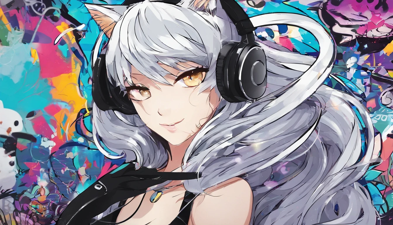 Silver-colored hair,Super Long Hair,light skinned,Vocaloid style,cat ear,headphones,A sexy,Whitelita,Solid background