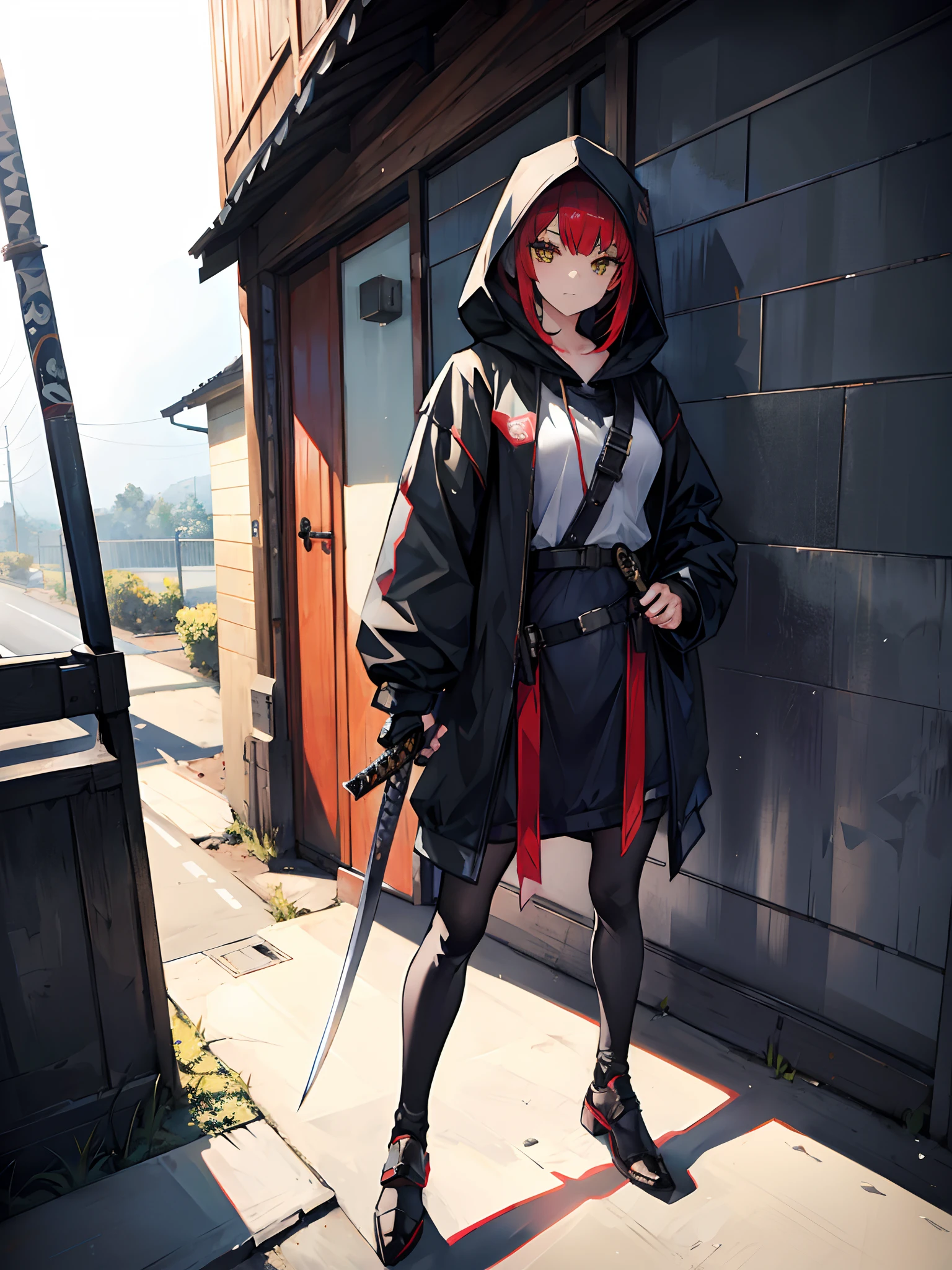 1 girl, wearing hood, looking at viewer, 8k, one hand holding a katana, one hand holding m1 garand, wearing modern armor, masterpiece, leaning against fence