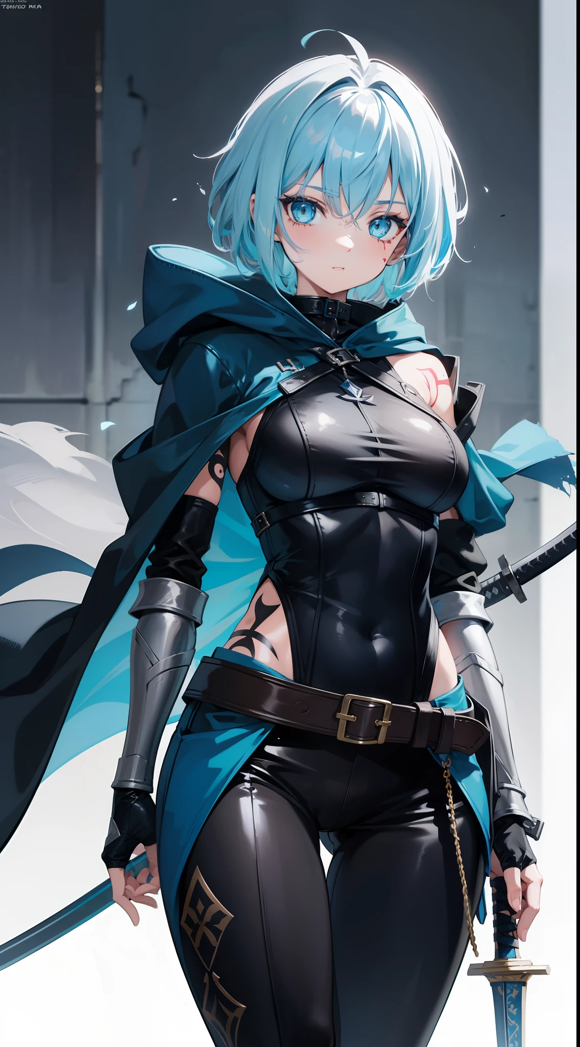 young girl, short gray hair, tomboy, Cyan eyes, Scars, Tatoo, Blue leather cloak, breeches, two swords, open breasts, Masterpiece, hiquality, 4k, HD, Good detail