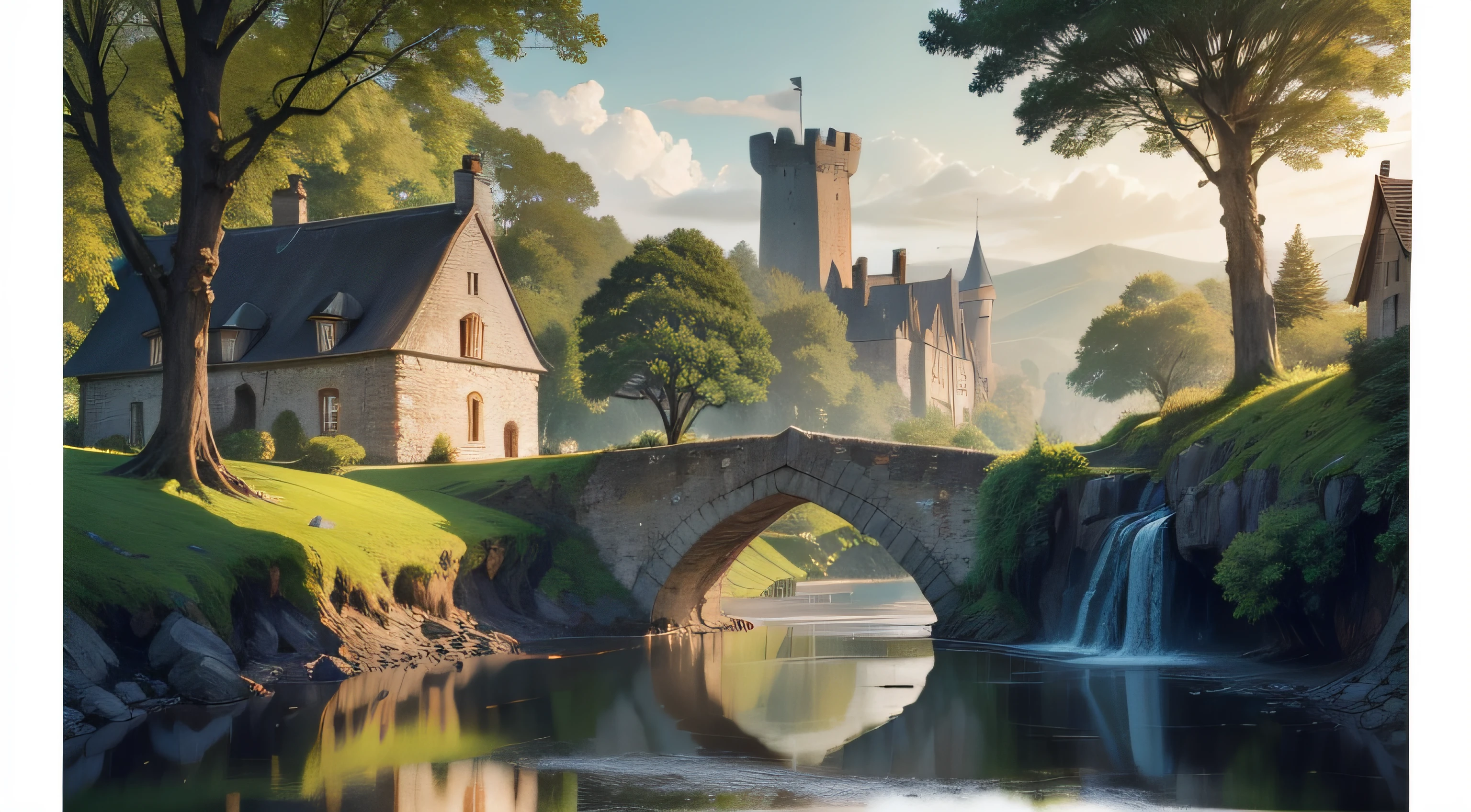 In the heart of the medieval countryside, a picturesque landscape unfurls, seemingly untouched by the passage of time. Towering over the horizon, a majestic stone castle commands attention. Its crenellated walls, adorned with weathered banners, stand sentinel against the azure sky. A drawbridge, suspended over a tranquil moat, connects the castle to the lush, emerald forest that envelops it, the trees seemingly whispering secrets from centuries past.

To the east, a winding cobblestone path leads to a quaint village nestled among rolling hills. Thatched-roof cottages, their walls adorned with ivy, huddle together as if sharing stories of generations gone by. A centuries-old windmill, its sails long still, stands as a testament to the toil of those who once worked this land.

Beyond the village, a meandering river reflects the amber hues of the setting sun. Stone bridges arch gracefully over its tranquil waters, connecting the banks where vineyards yield clusters of grapes, promising future vintages. On the distant horizon, a dense forest of ancient oaks and towering pines stretches as far as the eye can see, its dark green canopy home to countless mysteries.

Above, the sky is a canvas of cerulean, framed by wisps of cotton-like clouds. The landscape, a harmonious blend of architectural marvels and unspoiled nature, evokes the timeless beauty of a medieval world frozen in the tapestry of history.