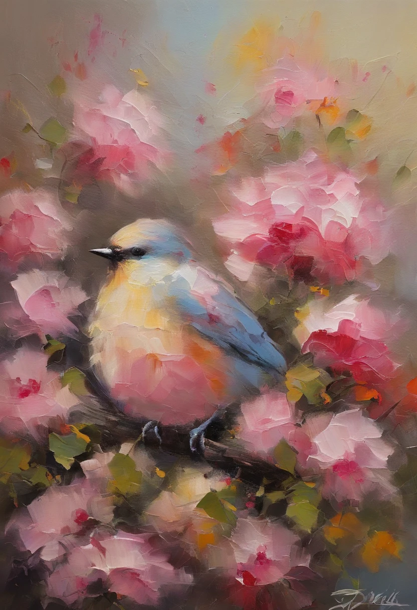 A bird remains in pink flowers，Take pollen，The colors are eye-catching，Sharp